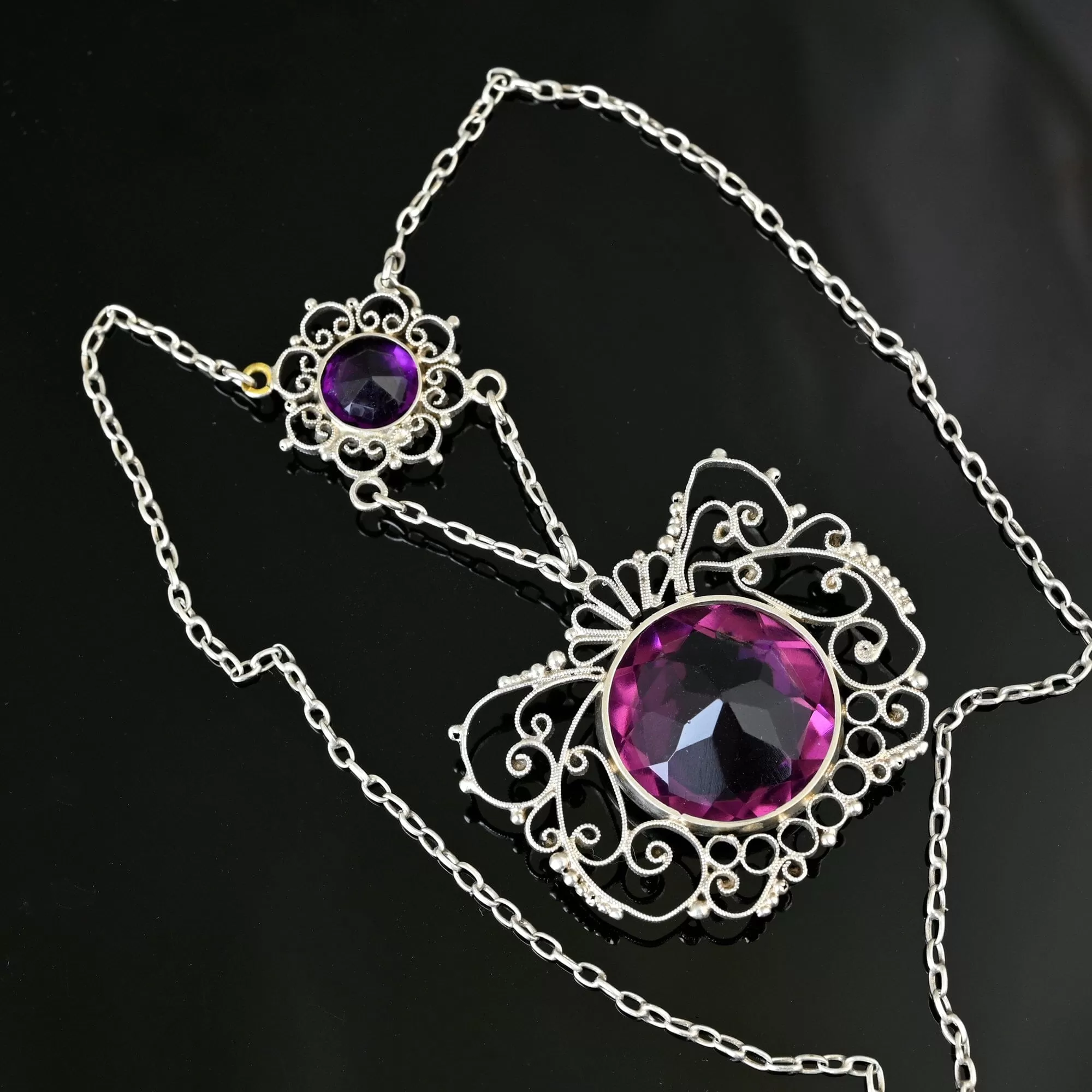 Antique Silver Filigree Amethyst Paste Necklace