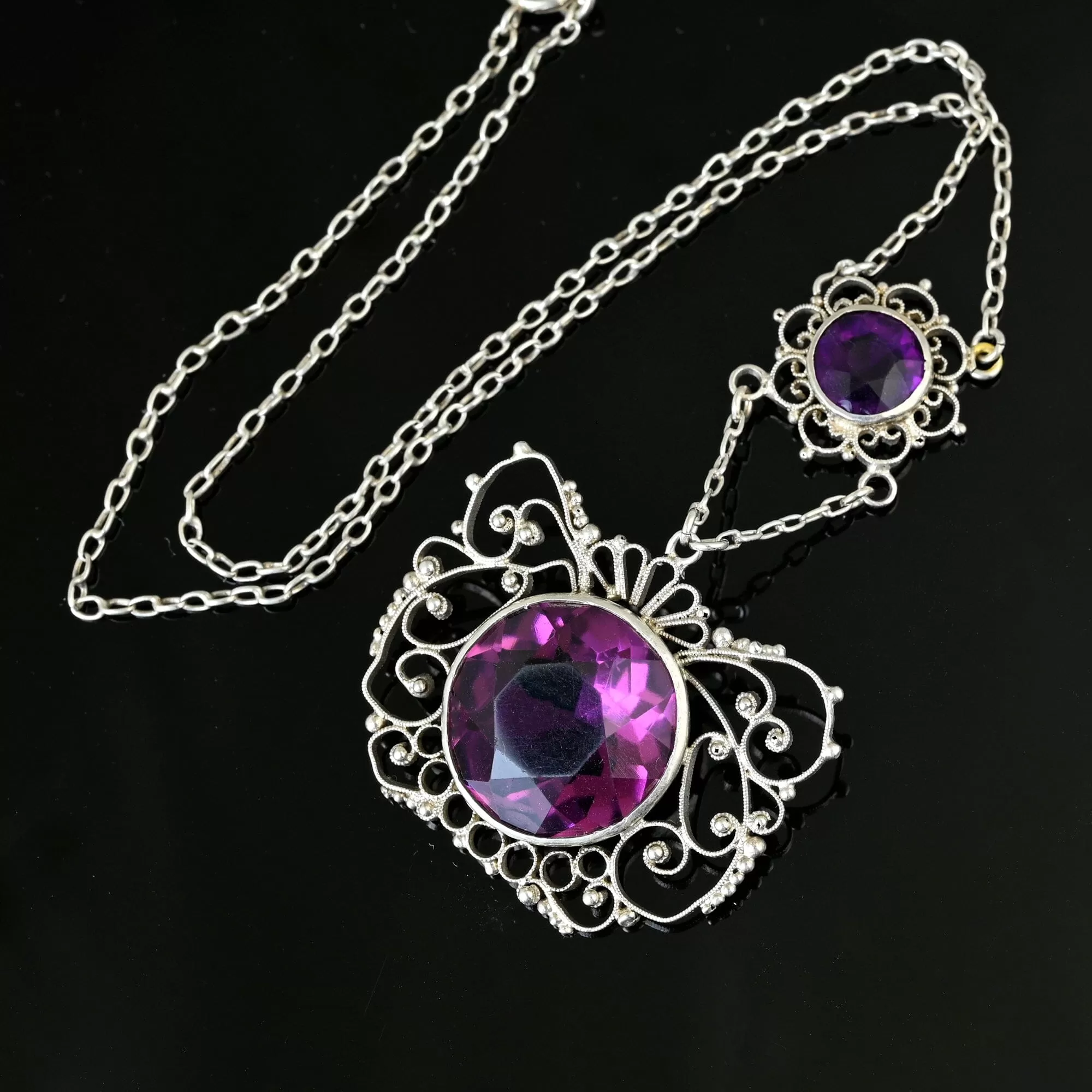 Antique Silver Filigree Amethyst Paste Necklace