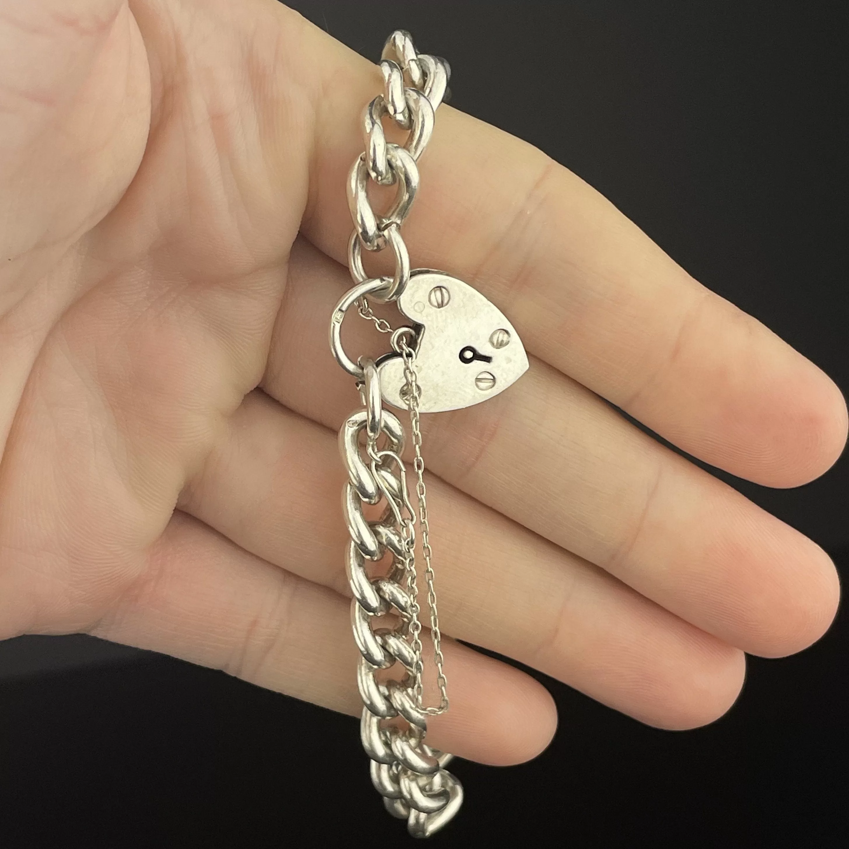 Antique Silver Heart Padlock Curb Chain Bracelet