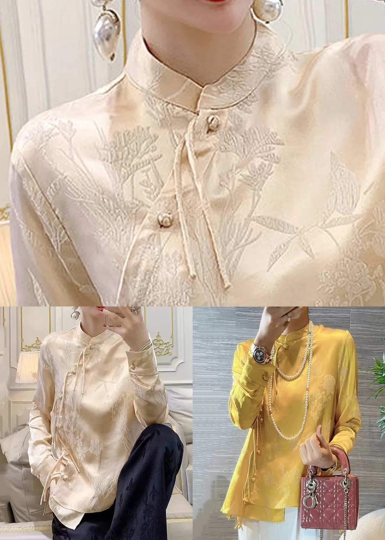 Apricot Button Silk Blouse Stand Collar Long Sleeve QA1071