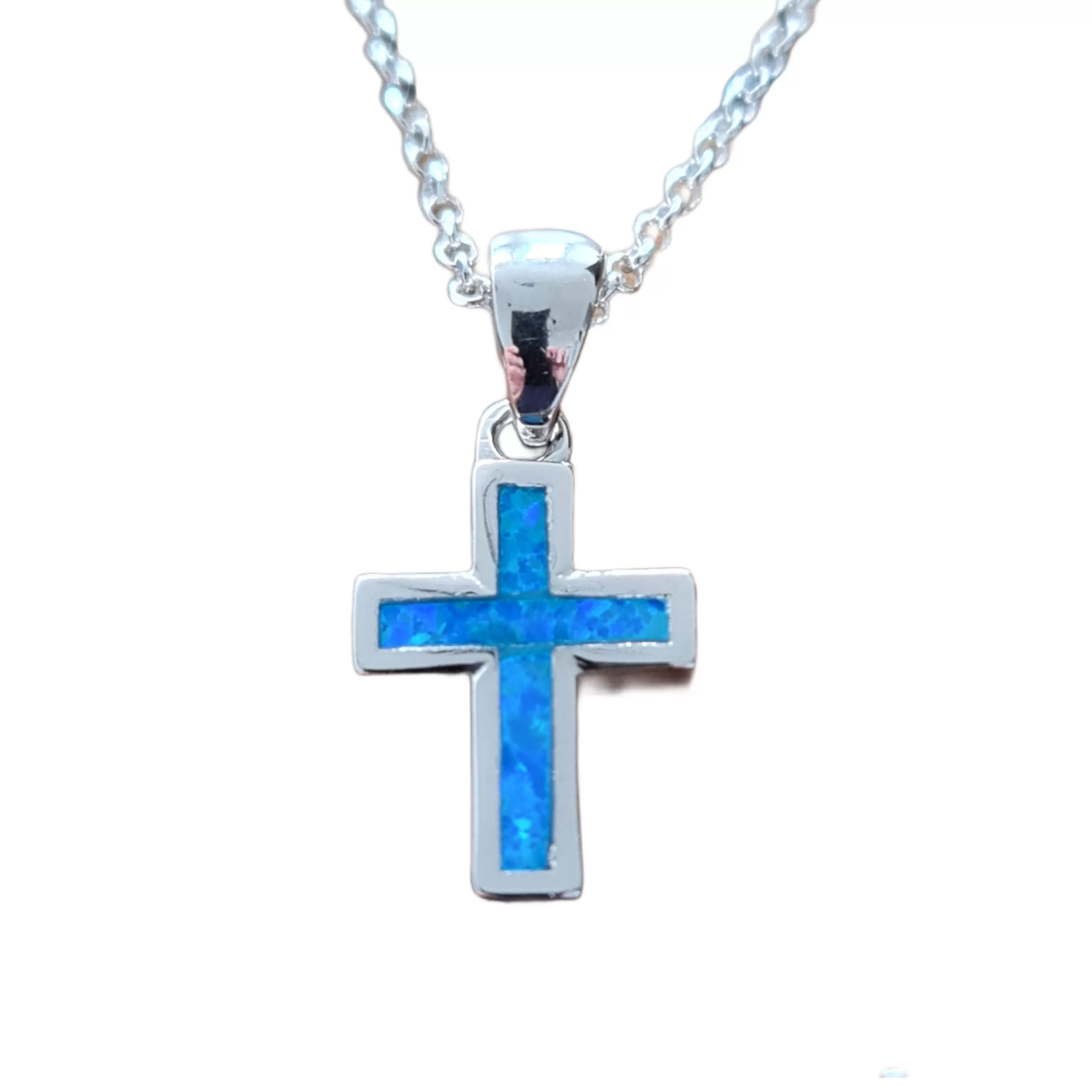 Ari Agean Sea Blue Opal look Cross Necklace