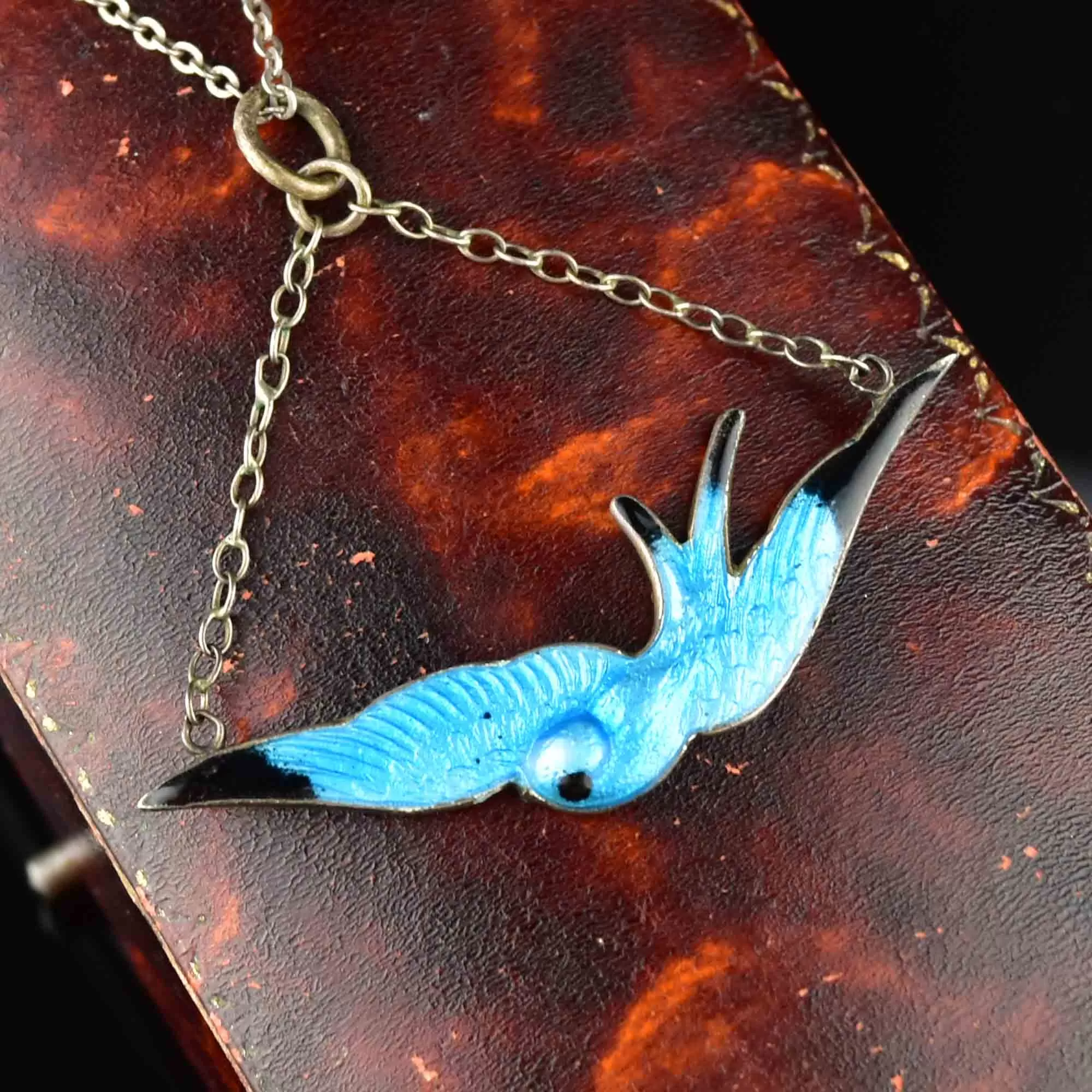 Art Deco Silver Enamel Swallow Bird Necklace