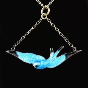 Art Deco Silver Enamel Swallow Bird Necklace