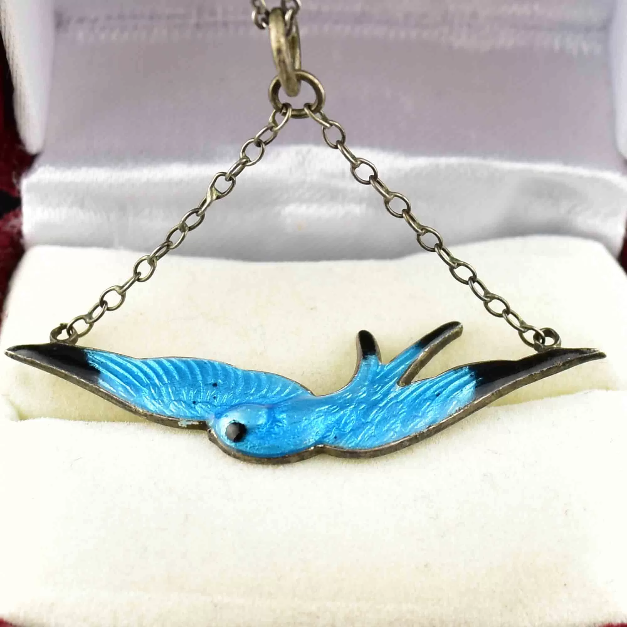 Art Deco Silver Enamel Swallow Bird Necklace