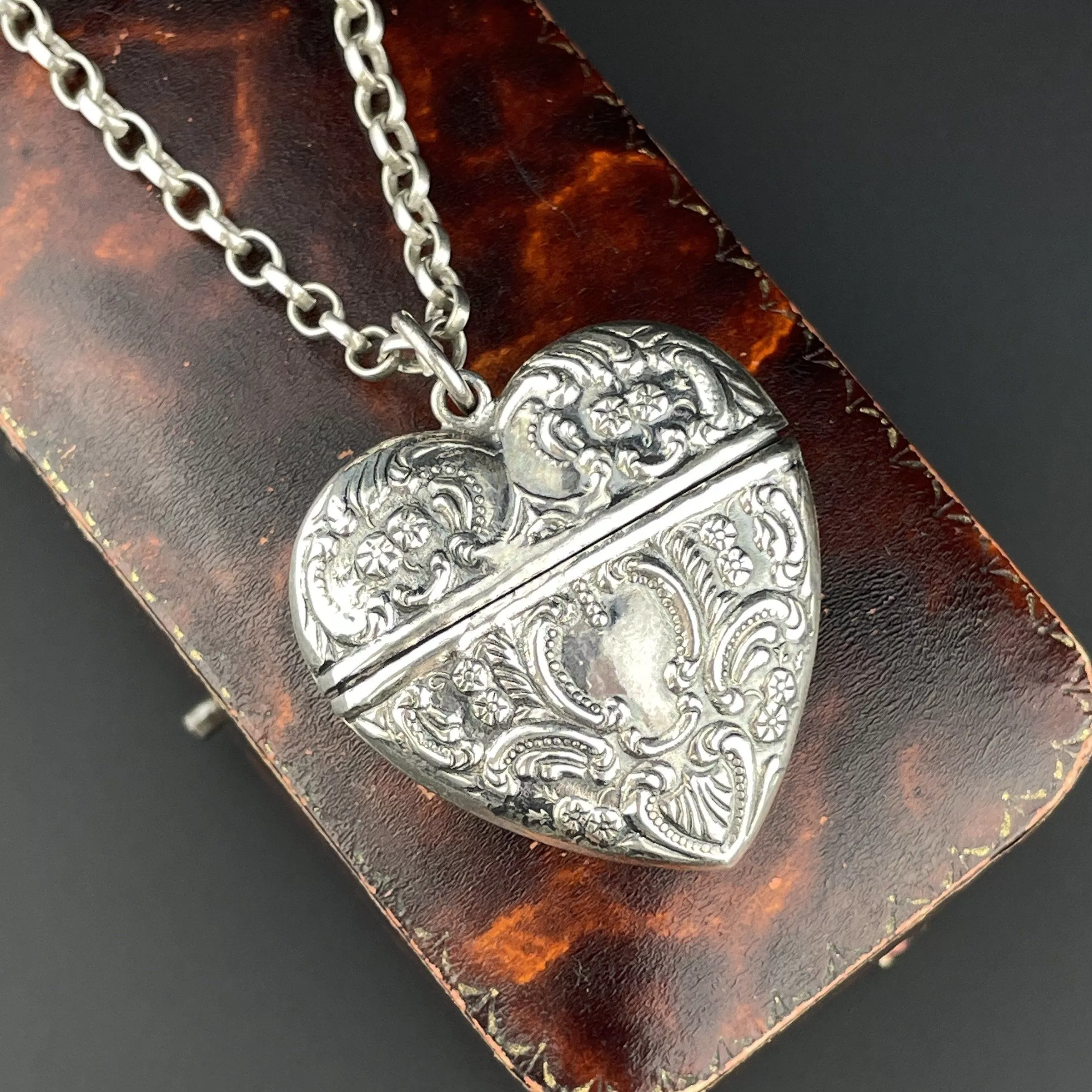 Art Nouveau Silver Repousse Sweetheart Large Keepsake Heart Locket