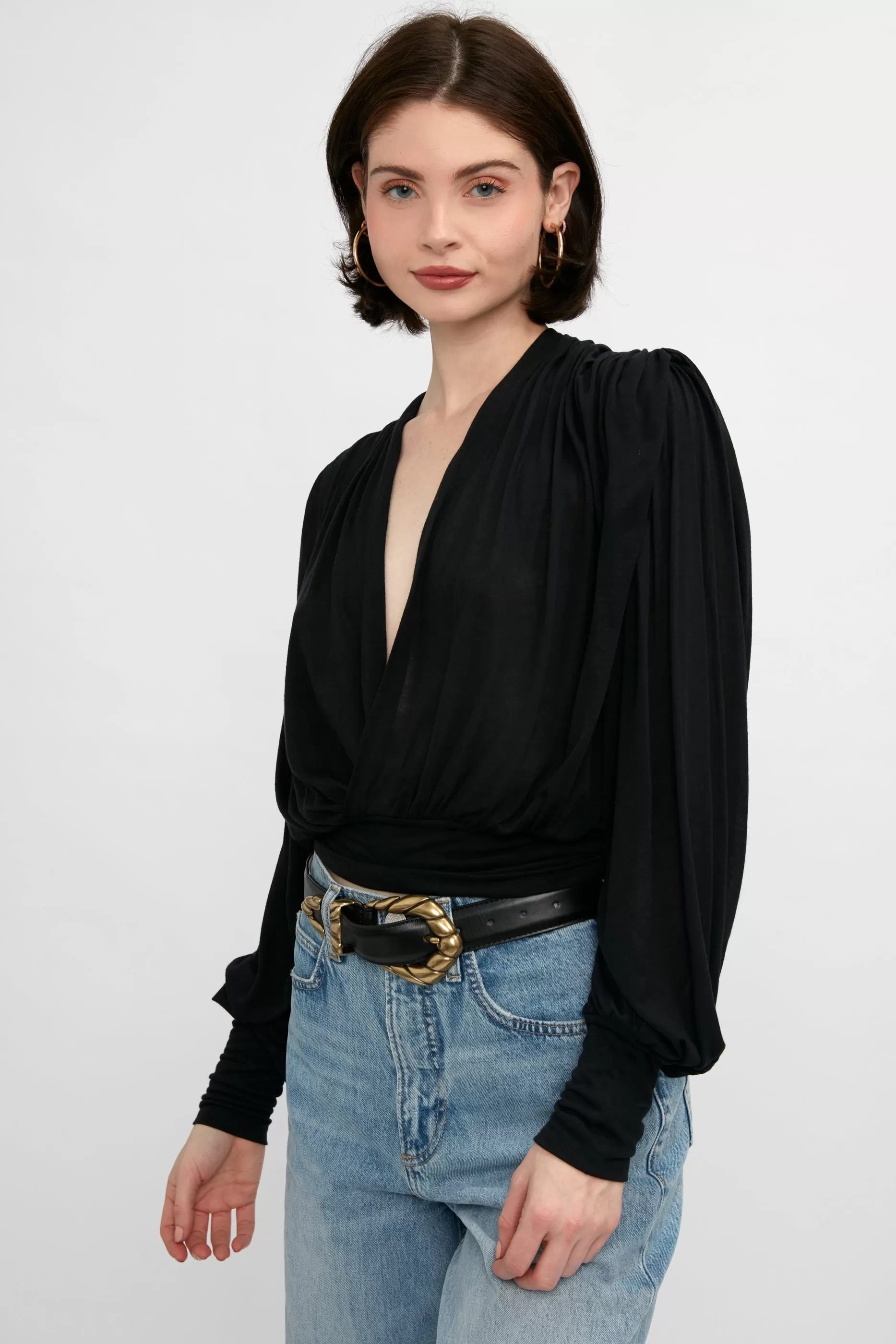 Barba V-Neck Blouse in Black