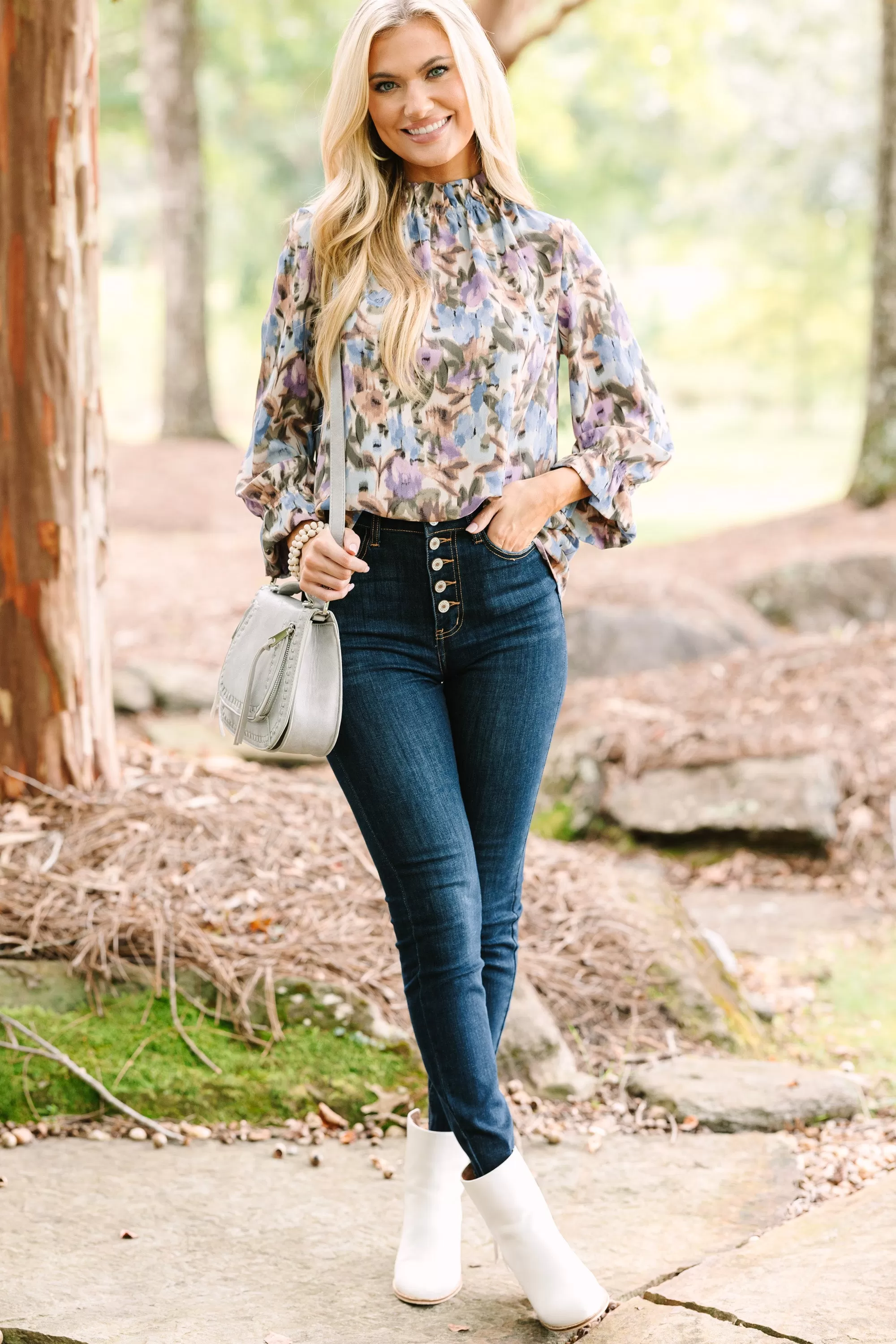 Beauty And Brains Dusty Lilac Purple Floral Blouse