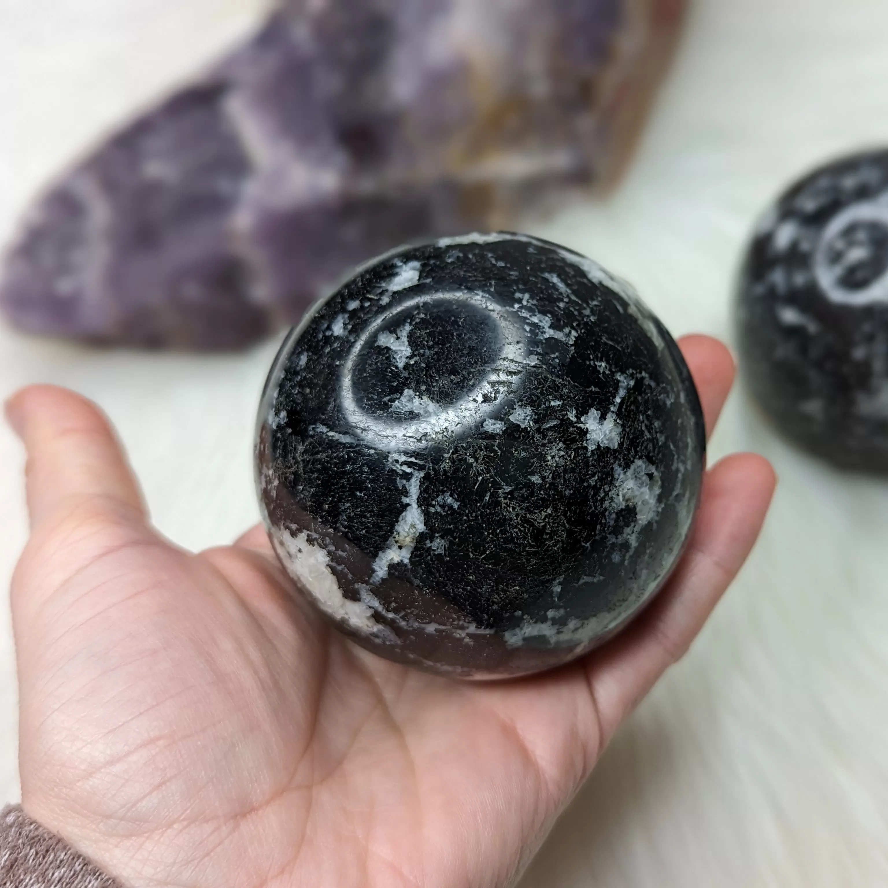 Black Tourmaline with Quartz Sphere Carving ~ Large