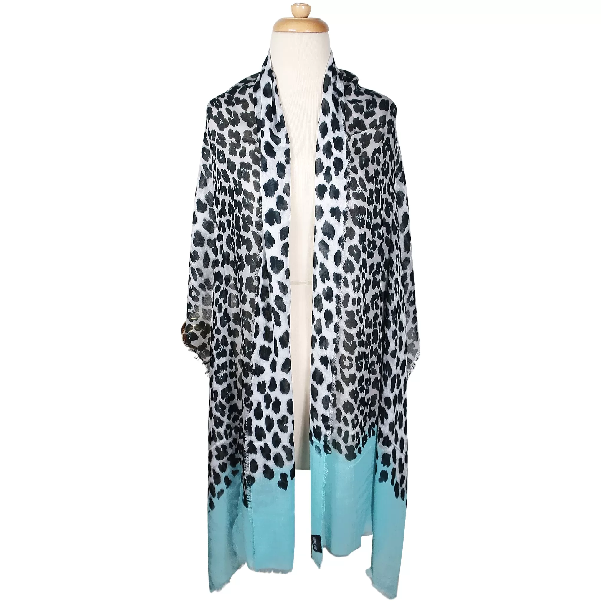 Blue Pacific Animal Print Cashmere Silk Scarf in Aqua Blue and Snow 78 x 22