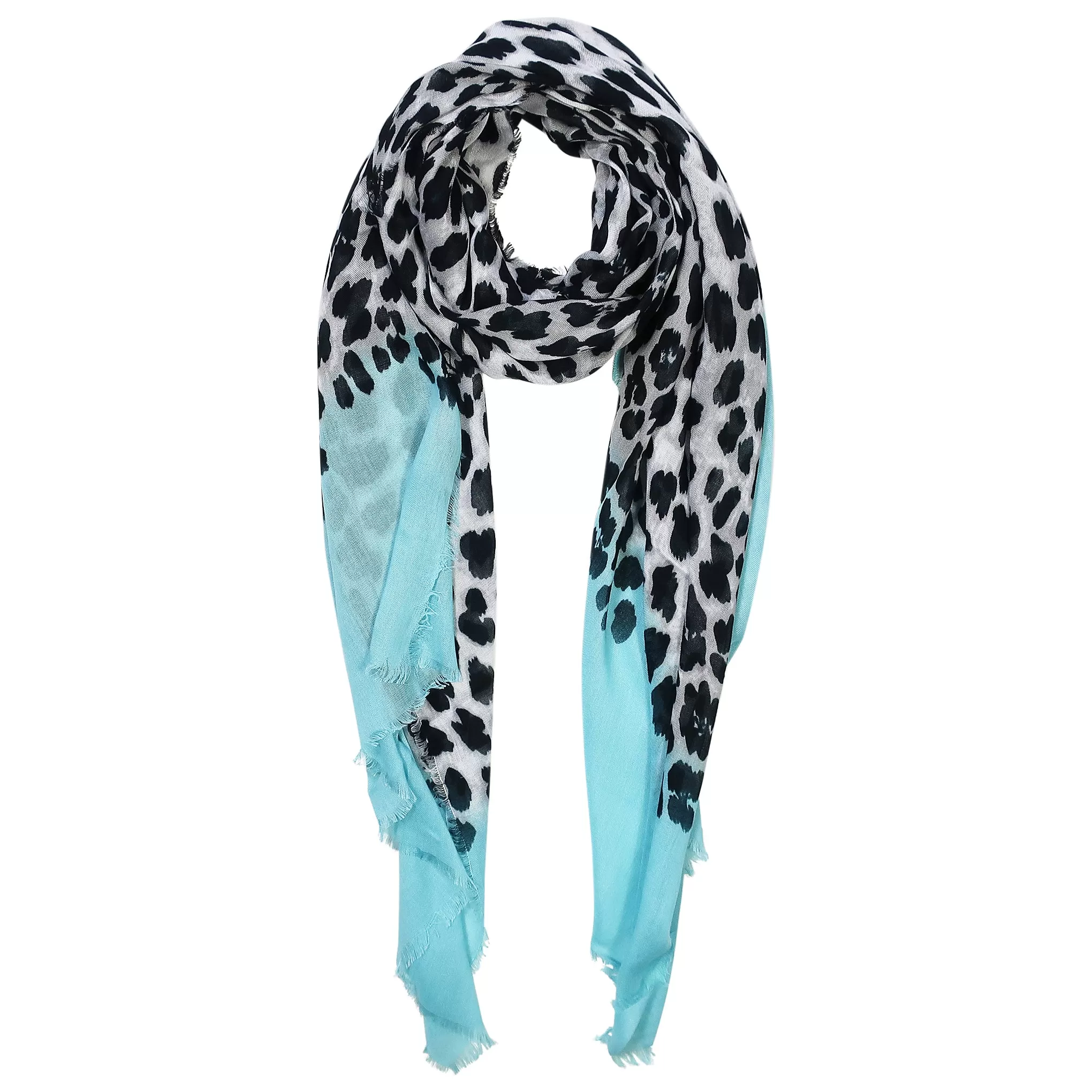 Blue Pacific Animal Print Cashmere Silk Scarf in Aqua Blue and Snow 78 x 22