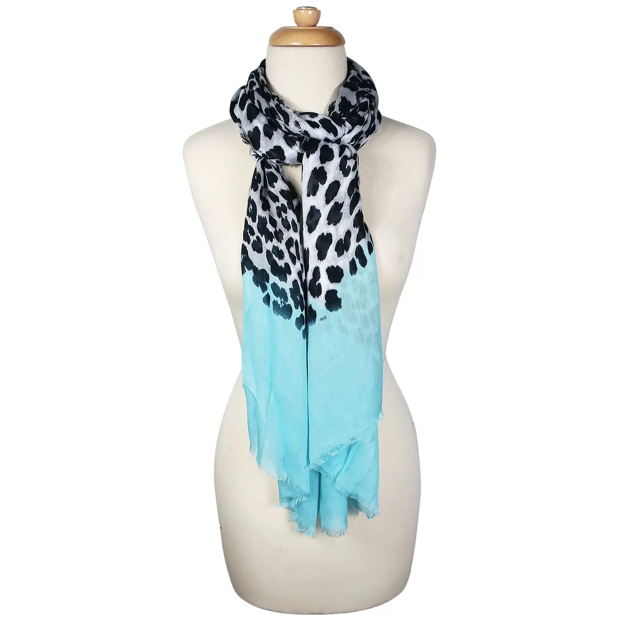 Blue Pacific Animal Print Cashmere Silk Scarf in Aqua Blue and Snow 78 x 22