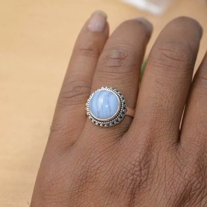 Boho Blue Lace Agate 925 Sterling Silver Statement Ring,  Handcrafted Jewelry, Gift for her