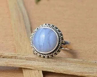 Boho Blue Lace Agate 925 Sterling Silver Statement Ring,  Handcrafted Jewelry, Gift for her