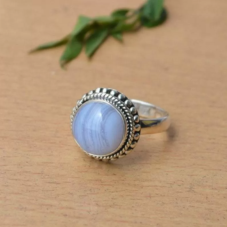 Boho Blue Lace Agate 925 Sterling Silver Statement Ring,  Handcrafted Jewelry, Gift for her