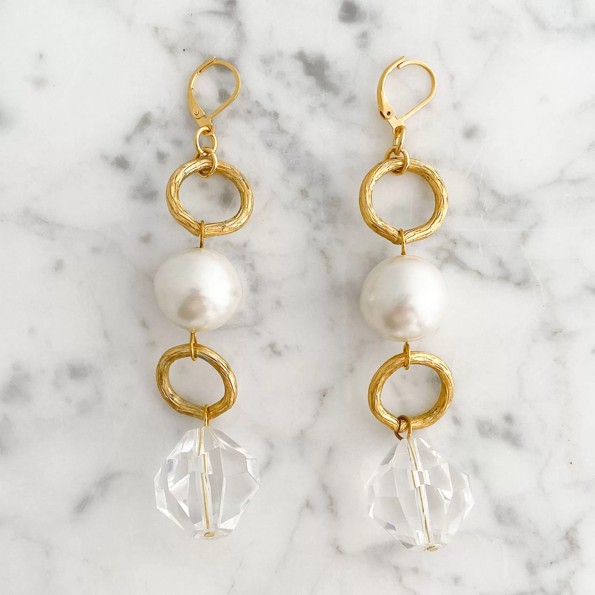 CARALYNN long gold, pearl and crystal earrings