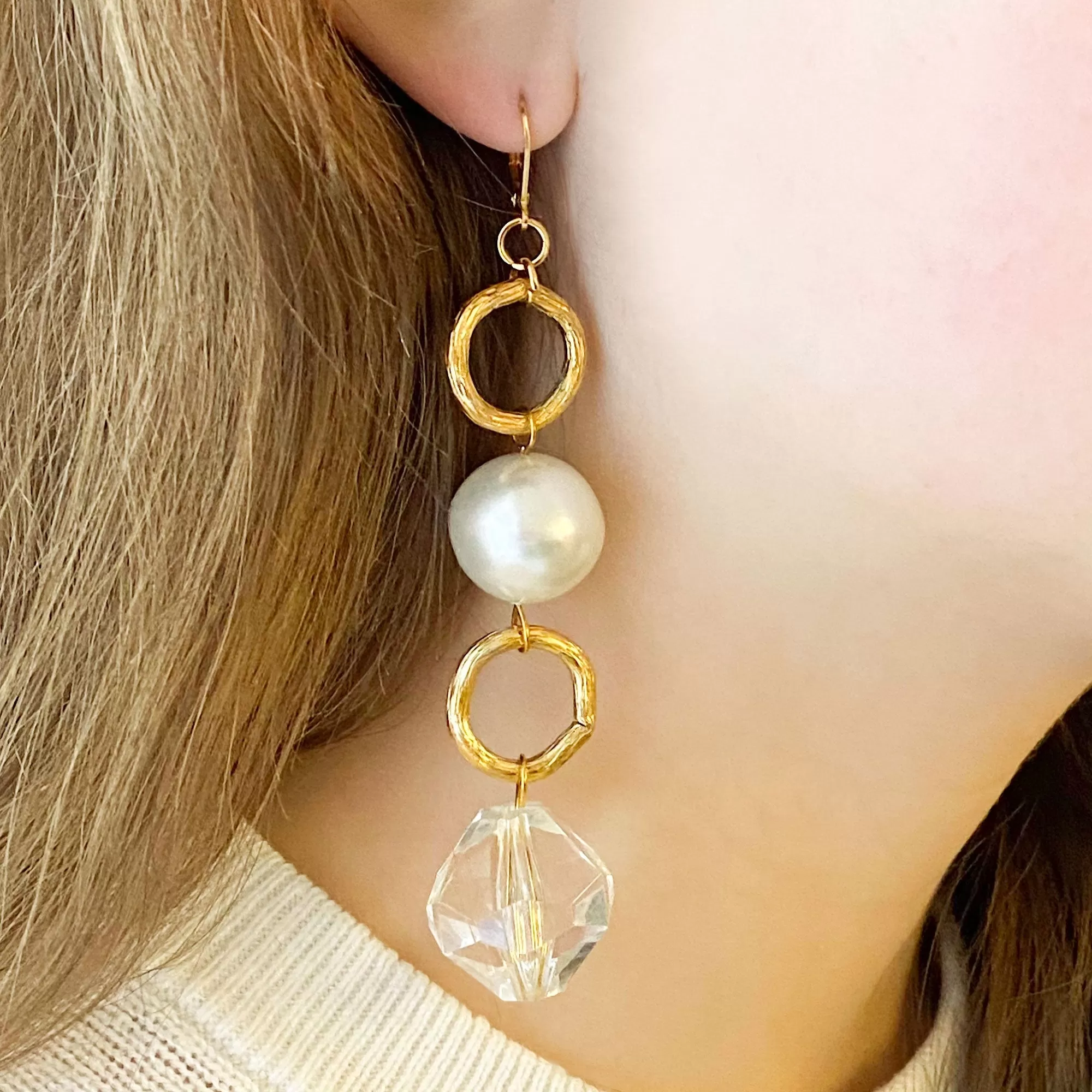 CARALYNN long gold, pearl and crystal earrings