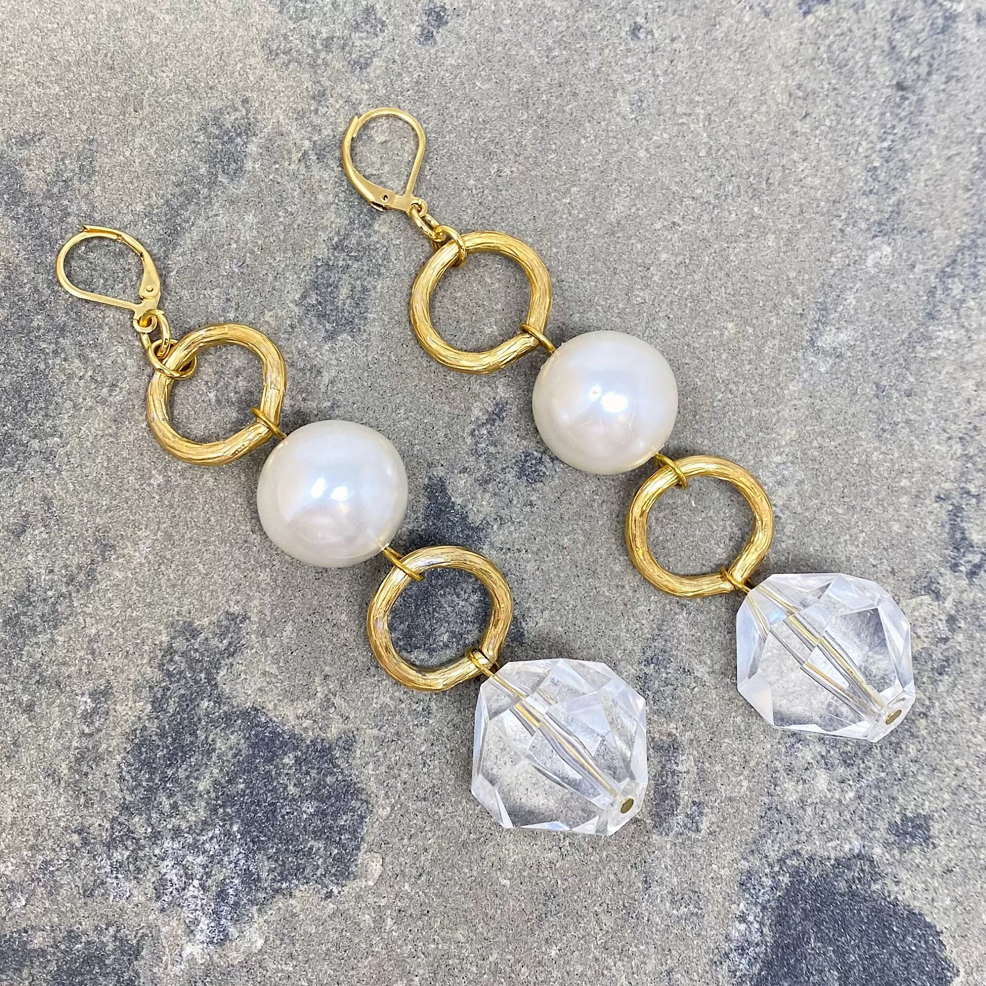 CARALYNN long gold, pearl and crystal earrings