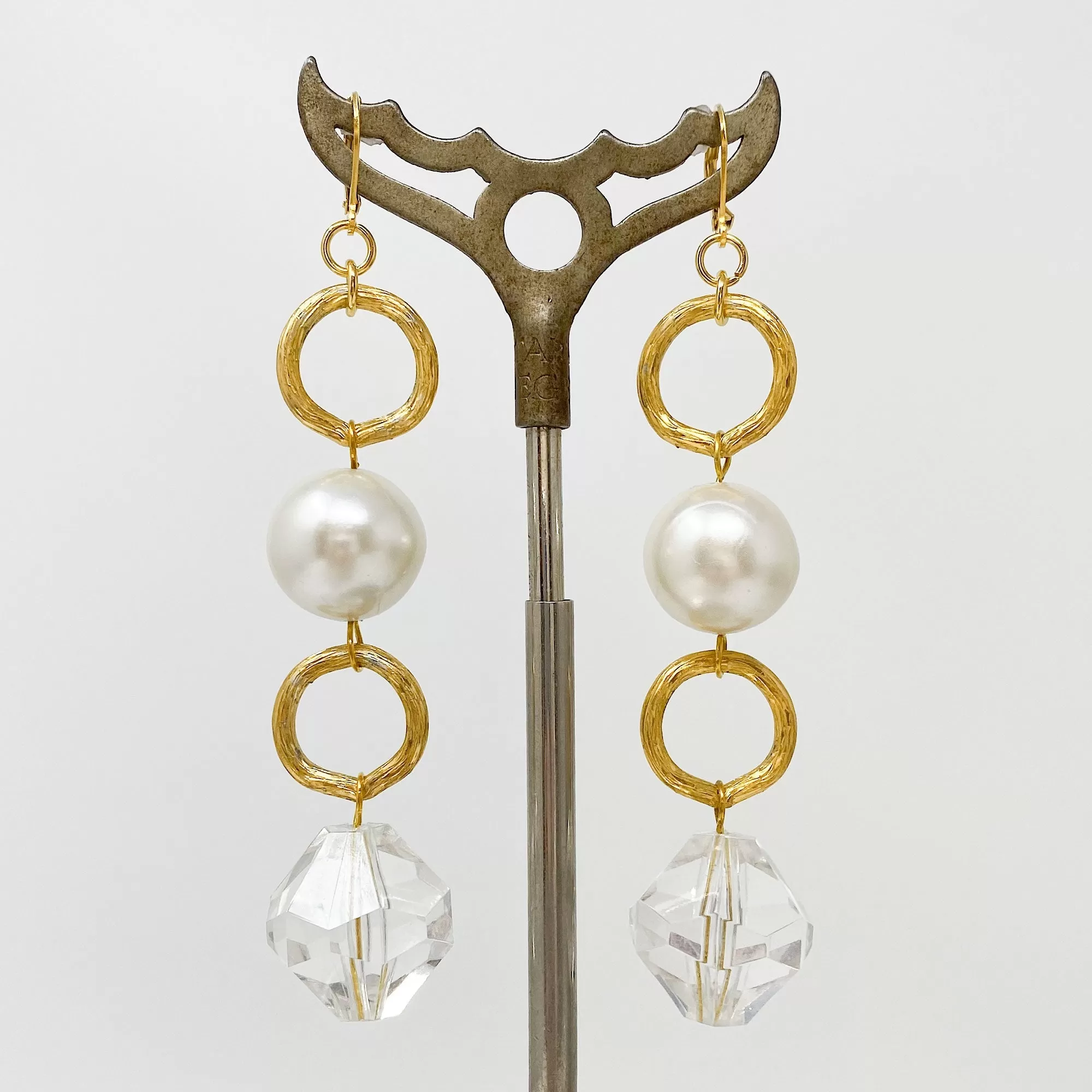 CARALYNN long gold, pearl and crystal earrings