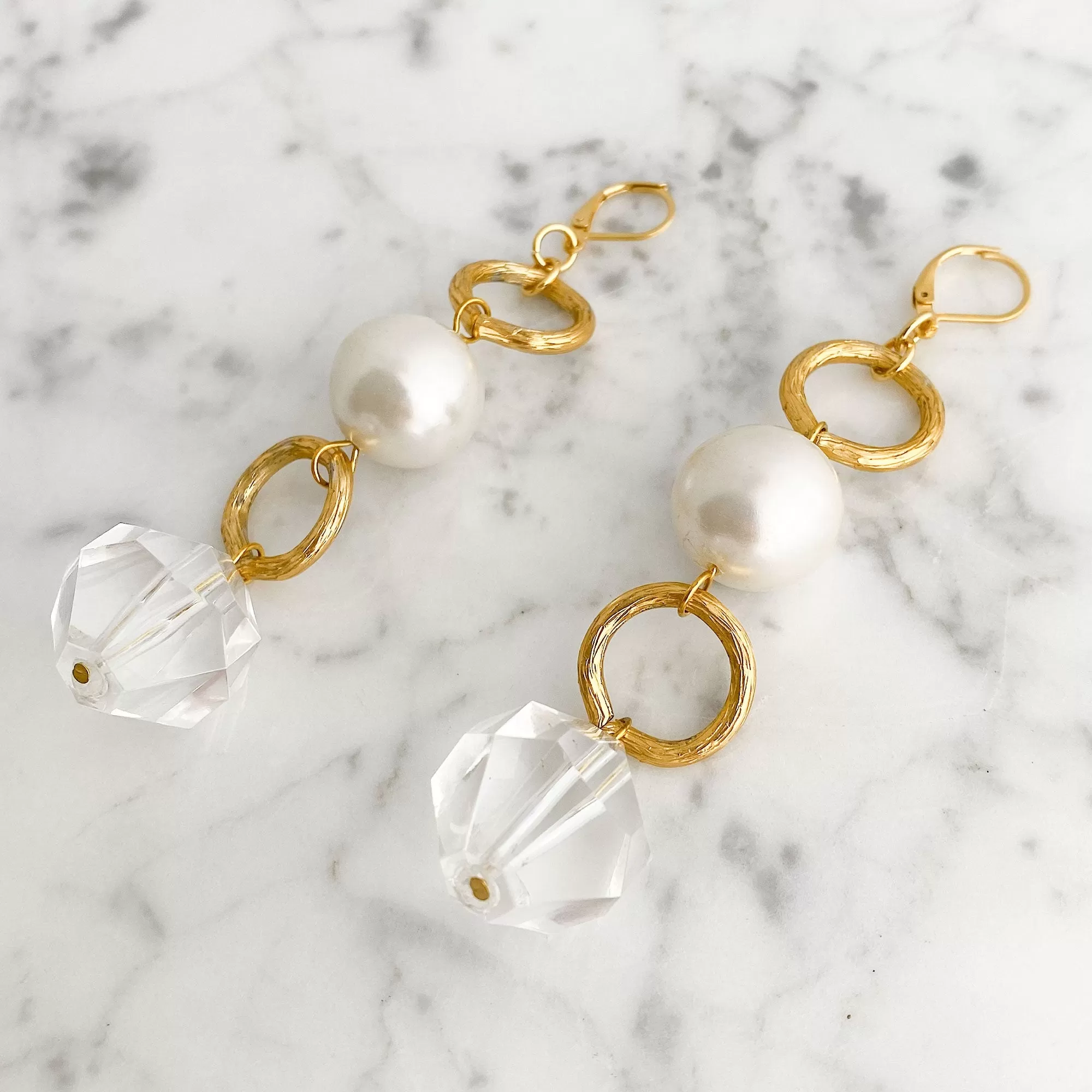 CARALYNN long gold, pearl and crystal earrings