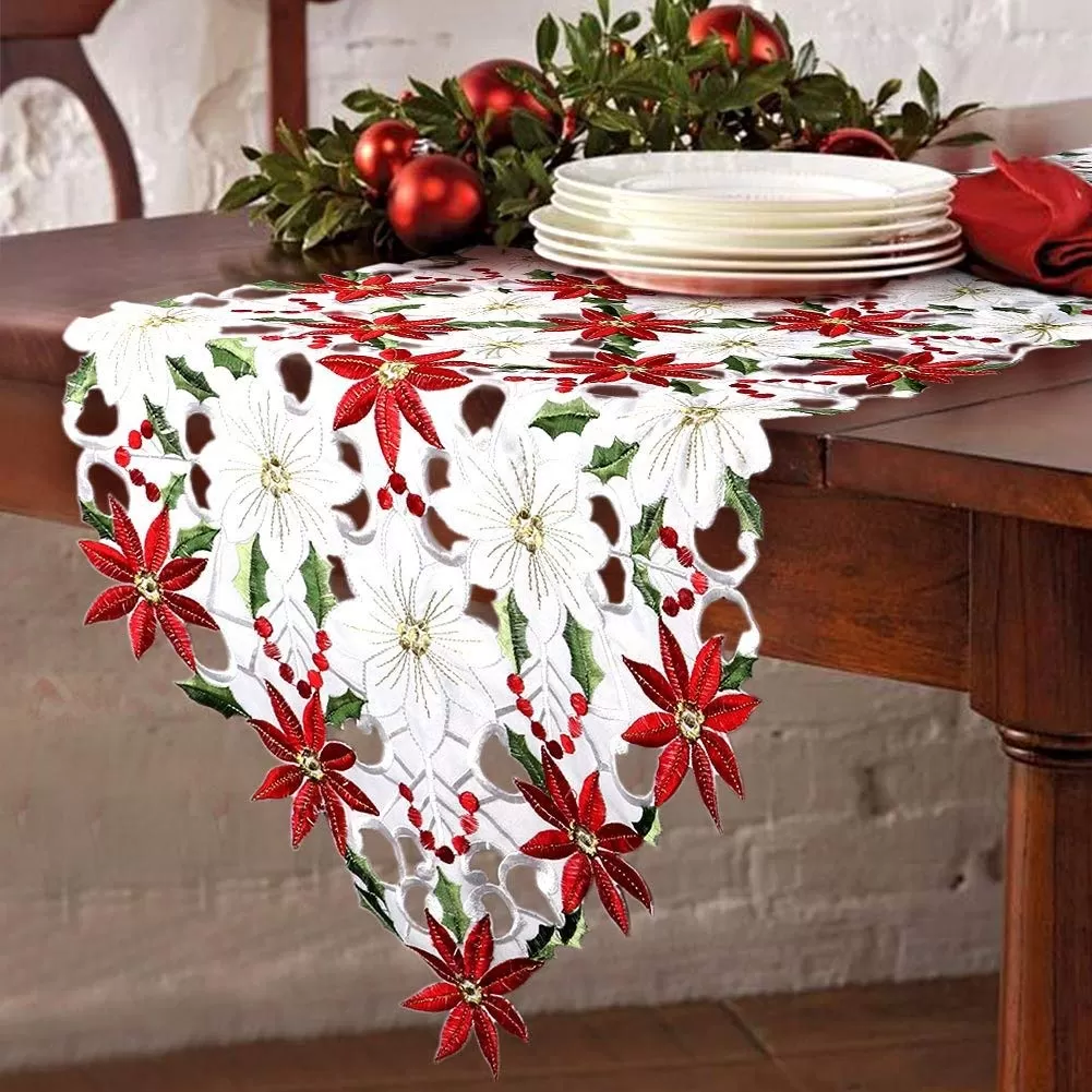 Christmas Table Runner Embroidered Red Table Linens for Christmas Decorations