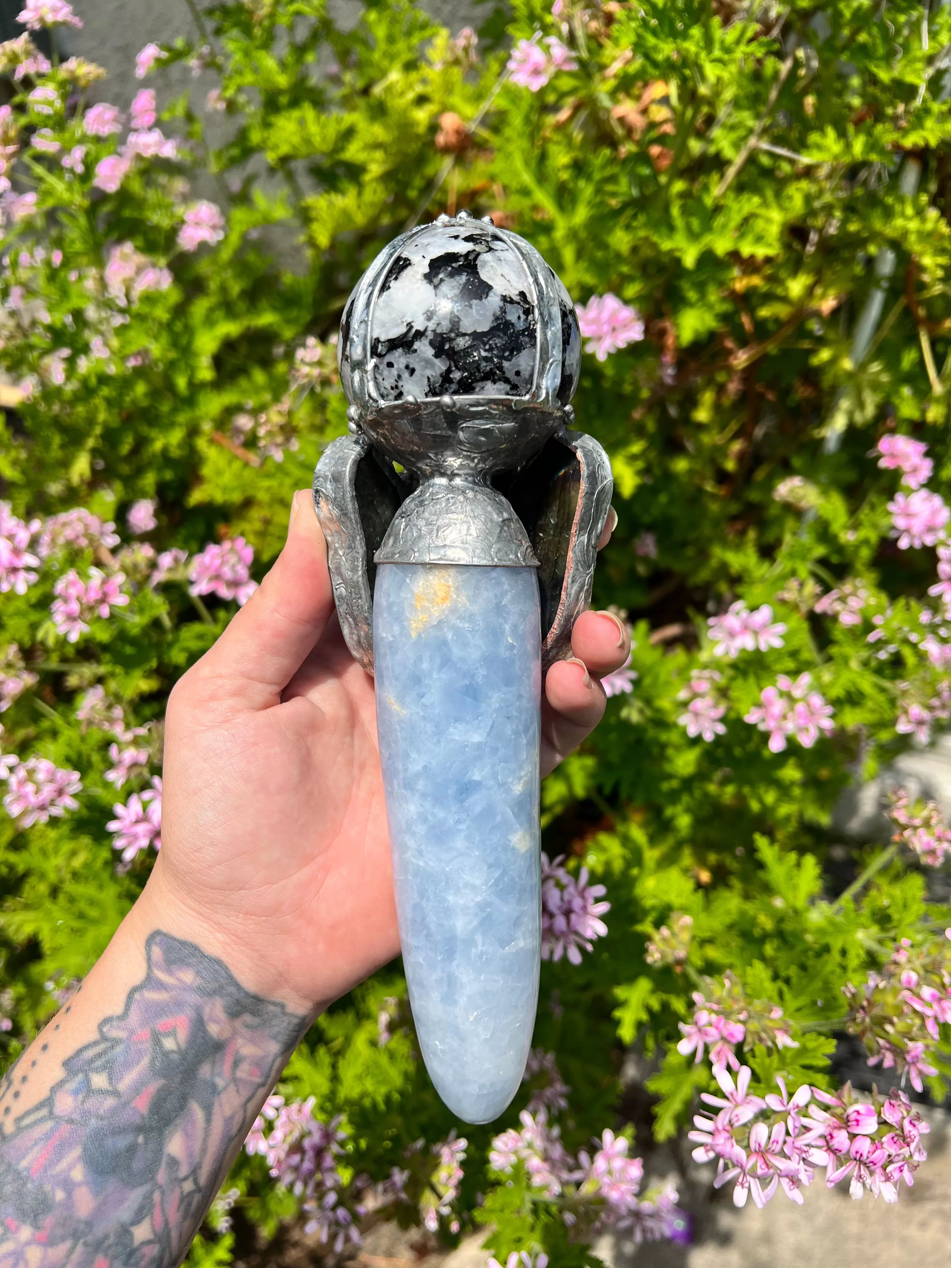 Compassionate Release wand; Moonstone and Blue Chalcedony Angel