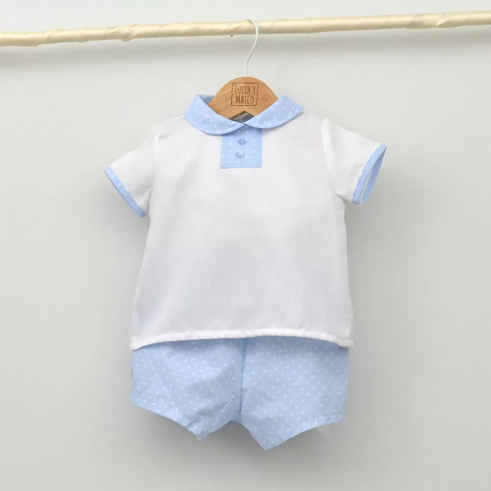 Conjunto bebé Diego con pololo de topitos y camiseta cuello bebé