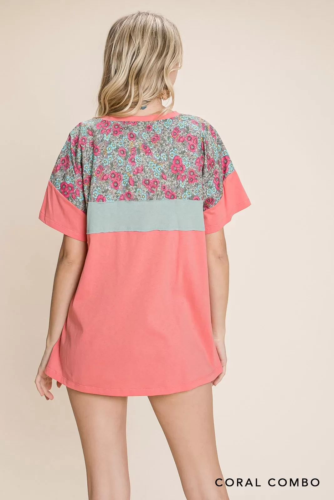 Cotton Bleu Short Sleeve Top With Print Contrast