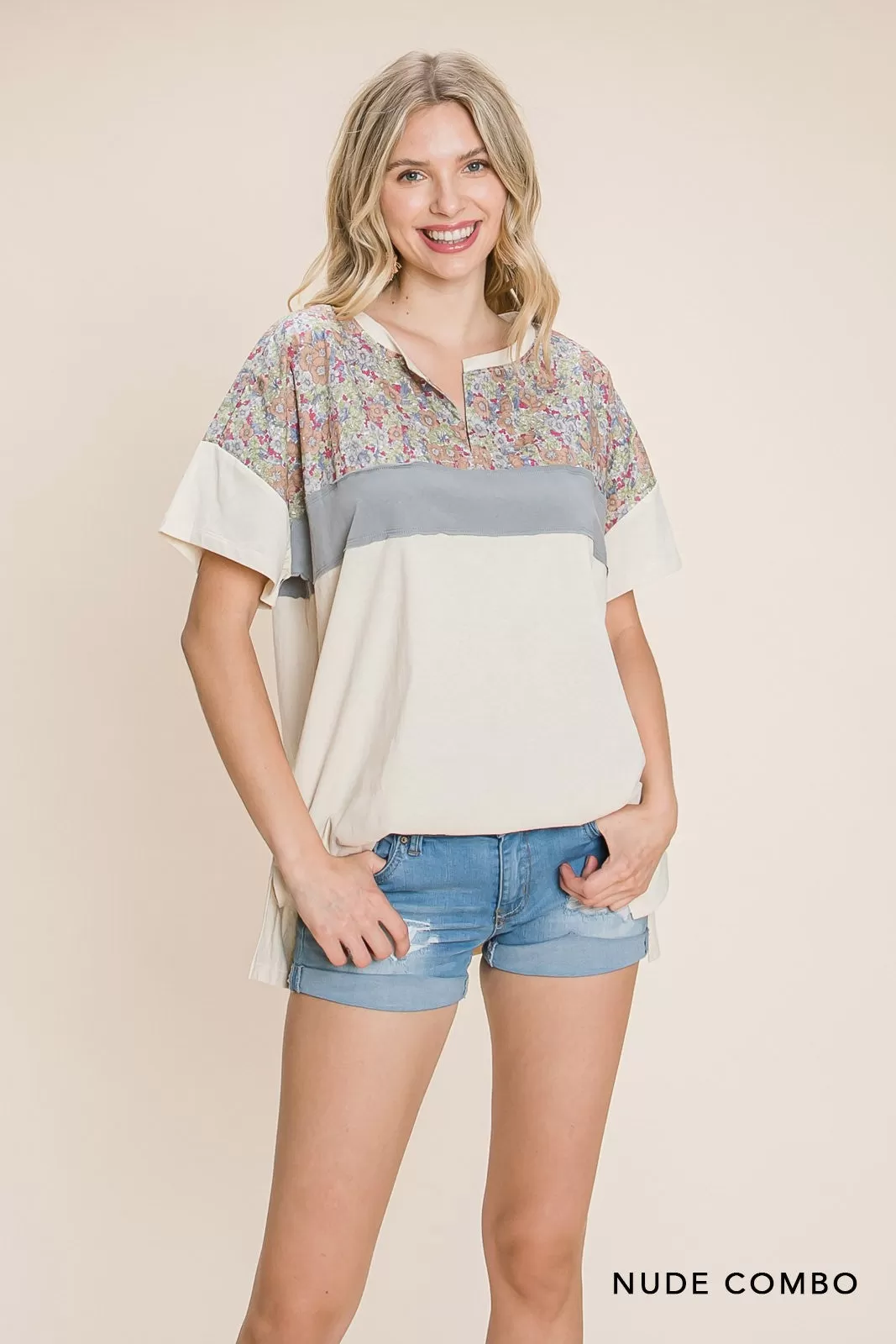 Cotton Bleu Short Sleeve Top With Print Contrast