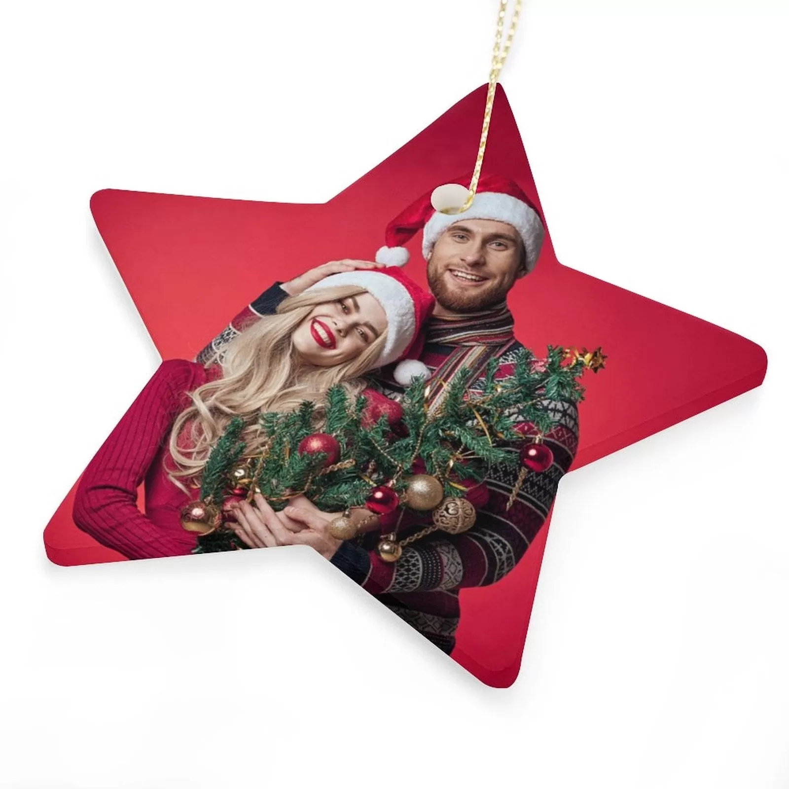 Custom Photo Couple Red Background Christmas Star Ornament Merry Christmas Pendant