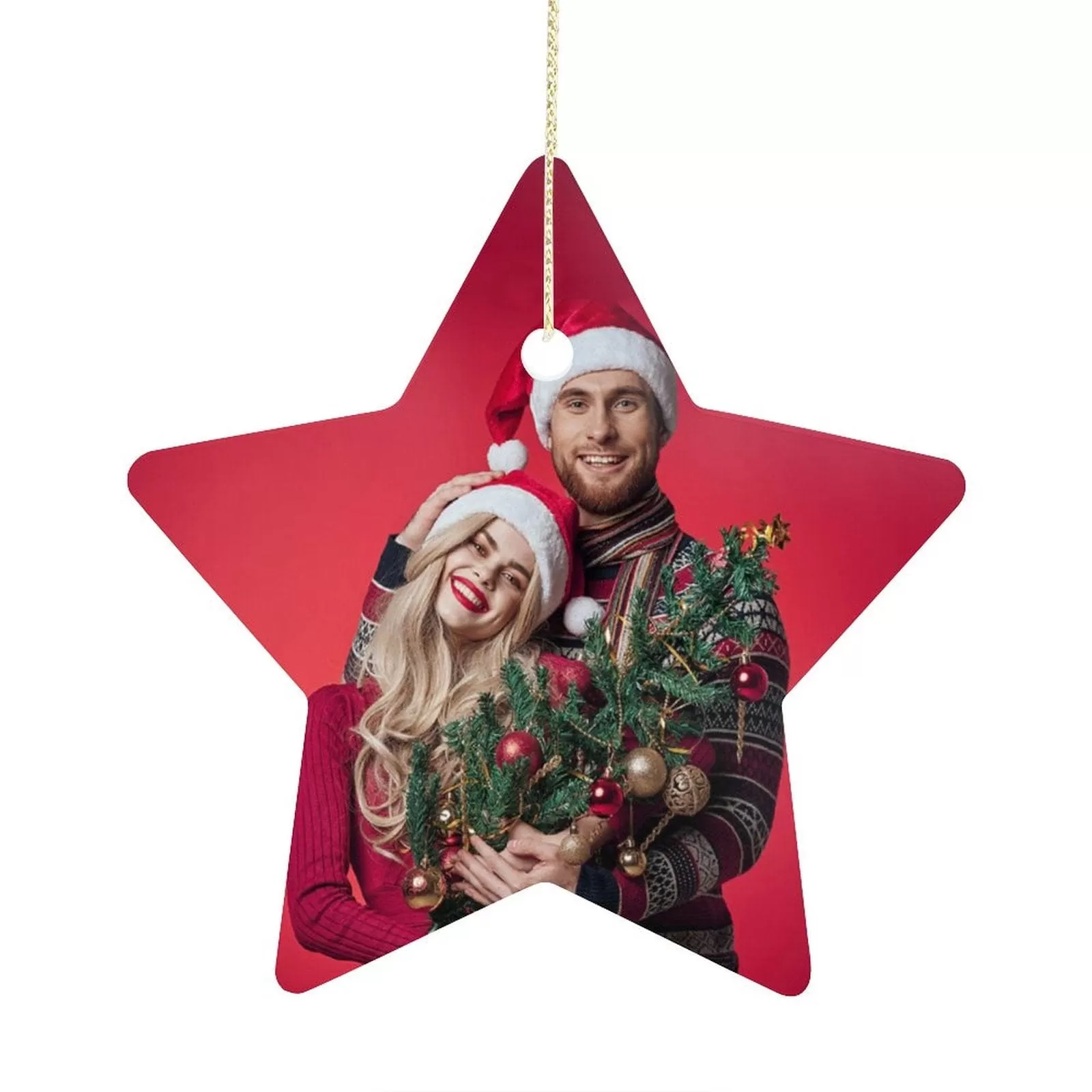 Custom Photo Couple Red Background Christmas Star Ornament Merry Christmas Pendant