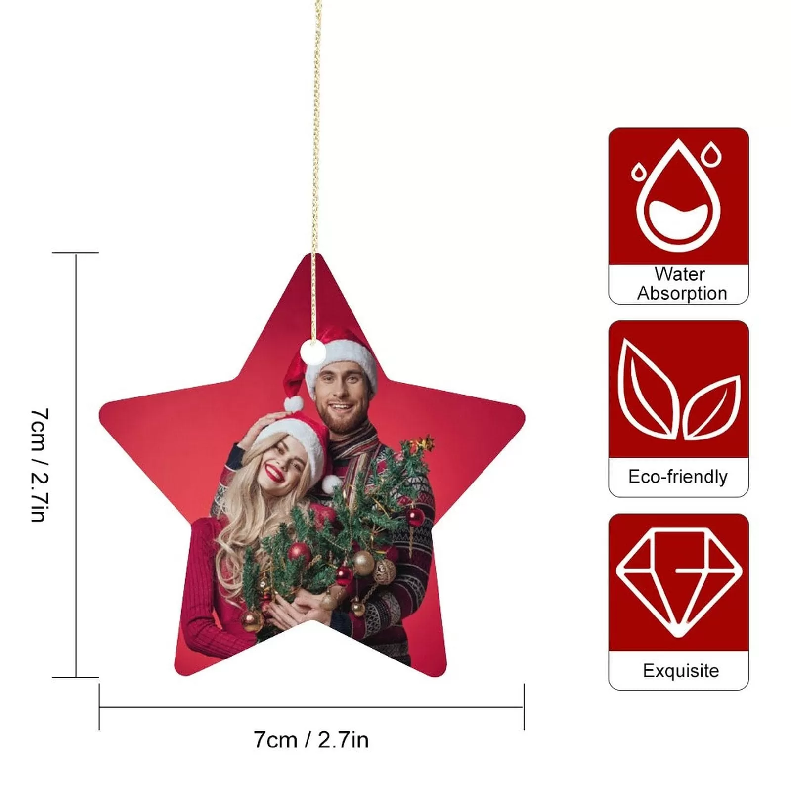 Custom Photo Couple Red Background Christmas Star Ornament Merry Christmas Pendant