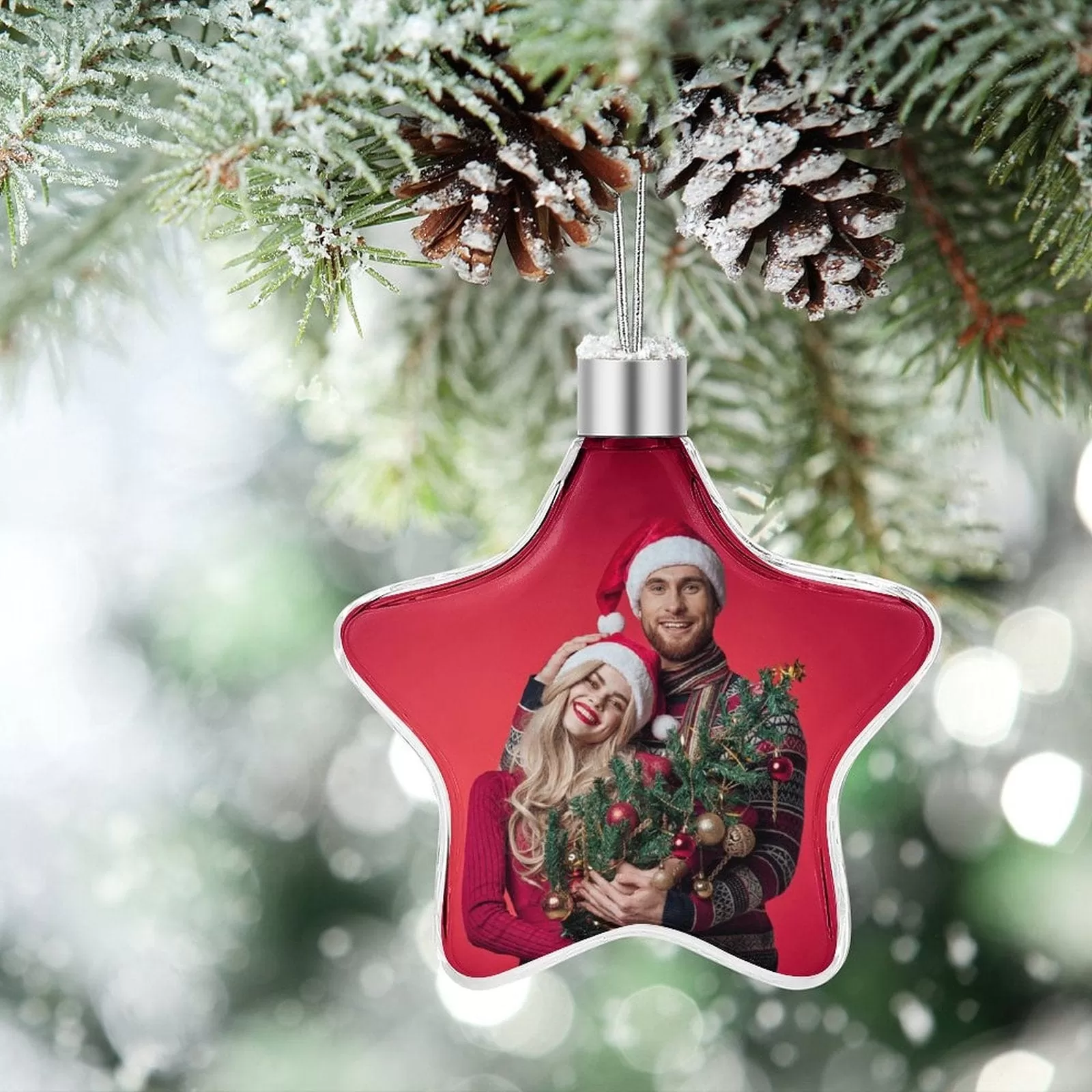 Custom Photo Couple Red Background Christmas Star Ornament Merry Christmas Pendant