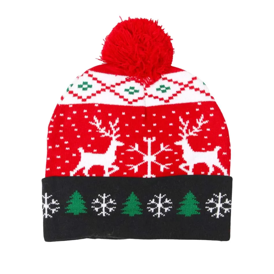 Deer Snowflake Christmas Tree Pom Pom Beanie Hat