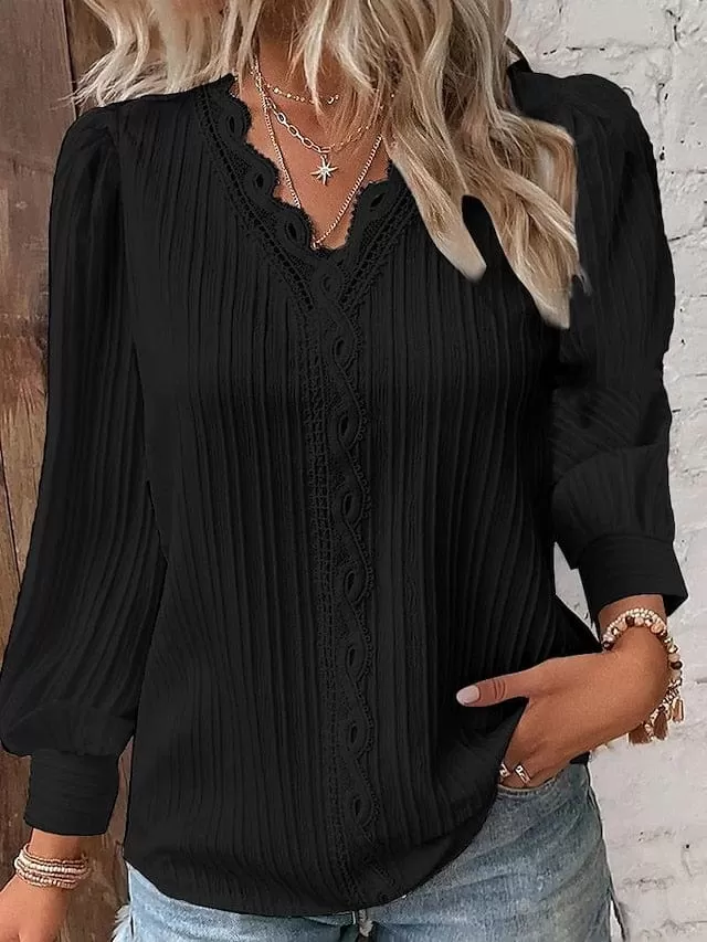 Elegant Women's Lace Shirt Blouse with V-Neck and Long Sleeves