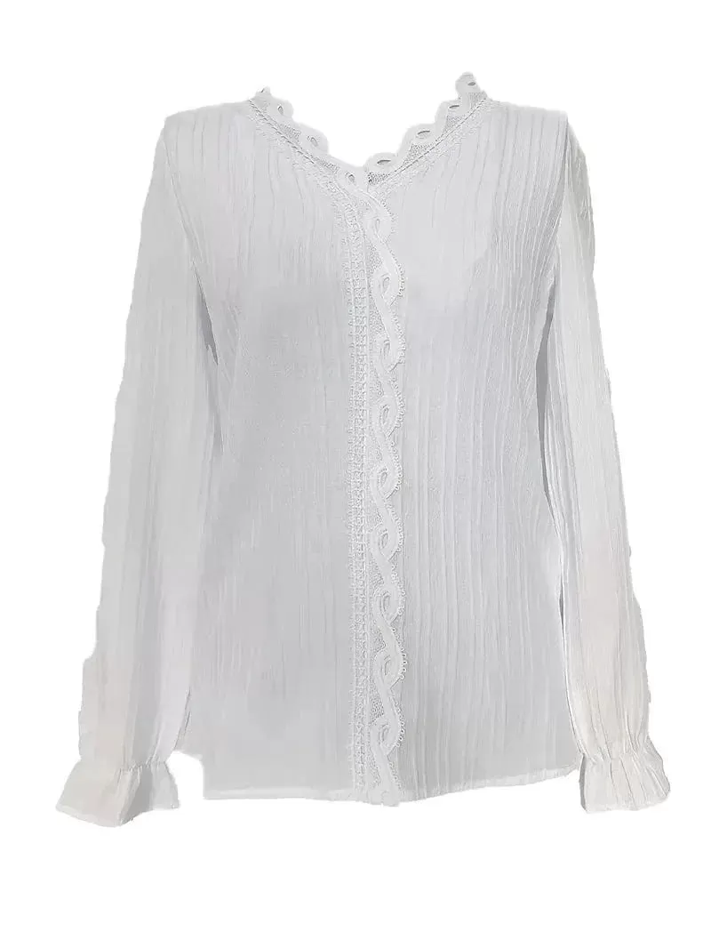 Elegant Women's Lace Shirt Blouse with V-Neck and Long Sleeves