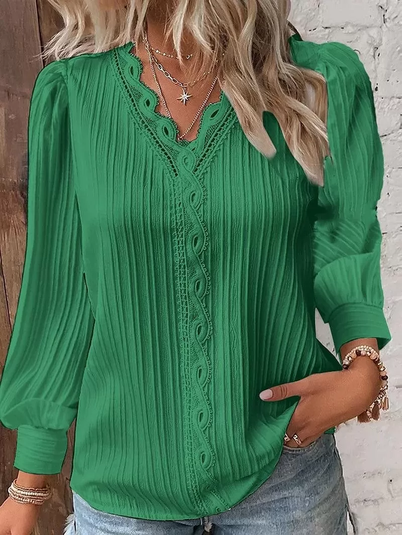 Elegant Women's Lace Shirt Blouse with V-Neck and Long Sleeves