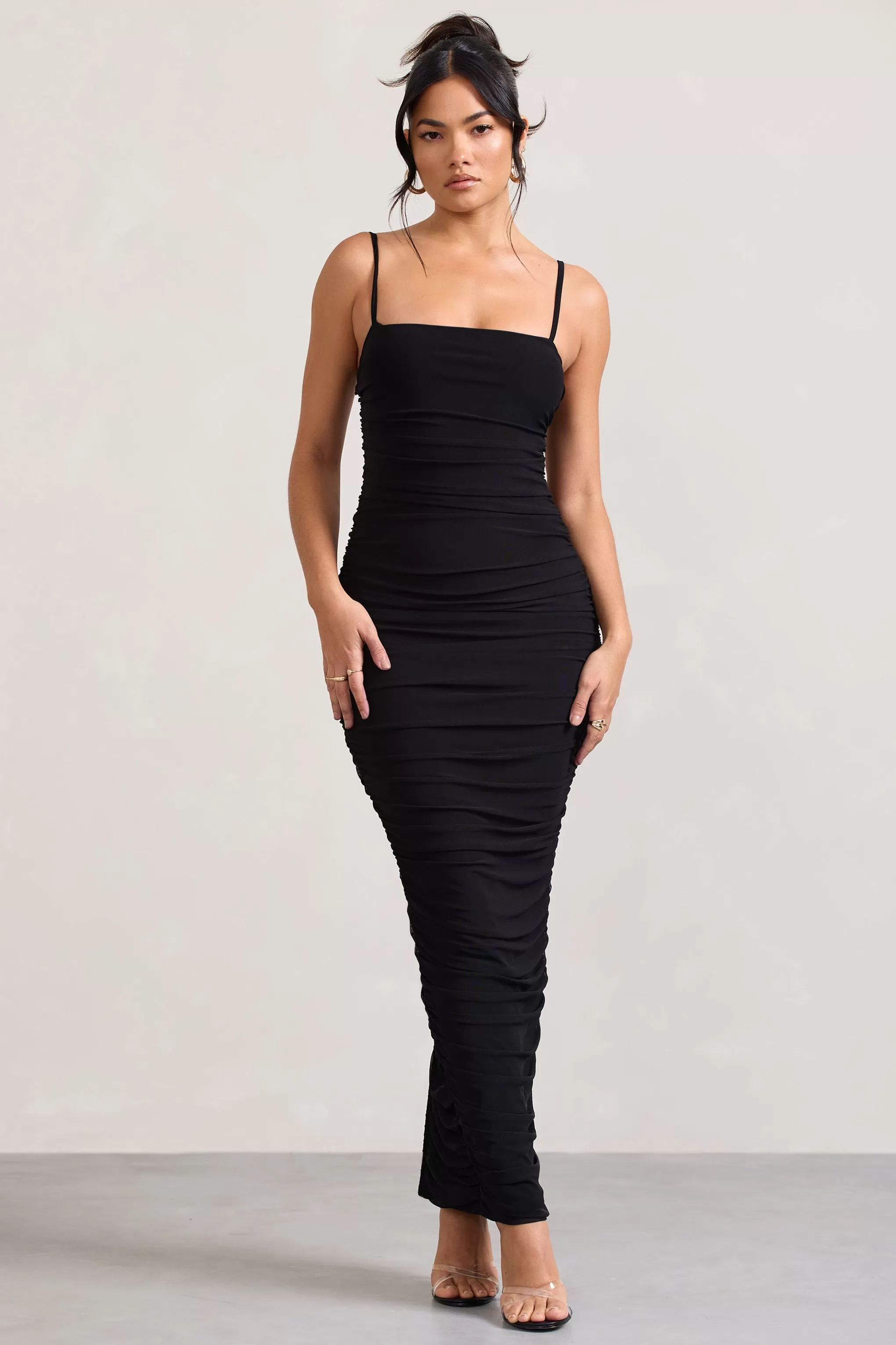 Ellis | Black Ruched Mesh Strappy Bodycon Maxi Dress