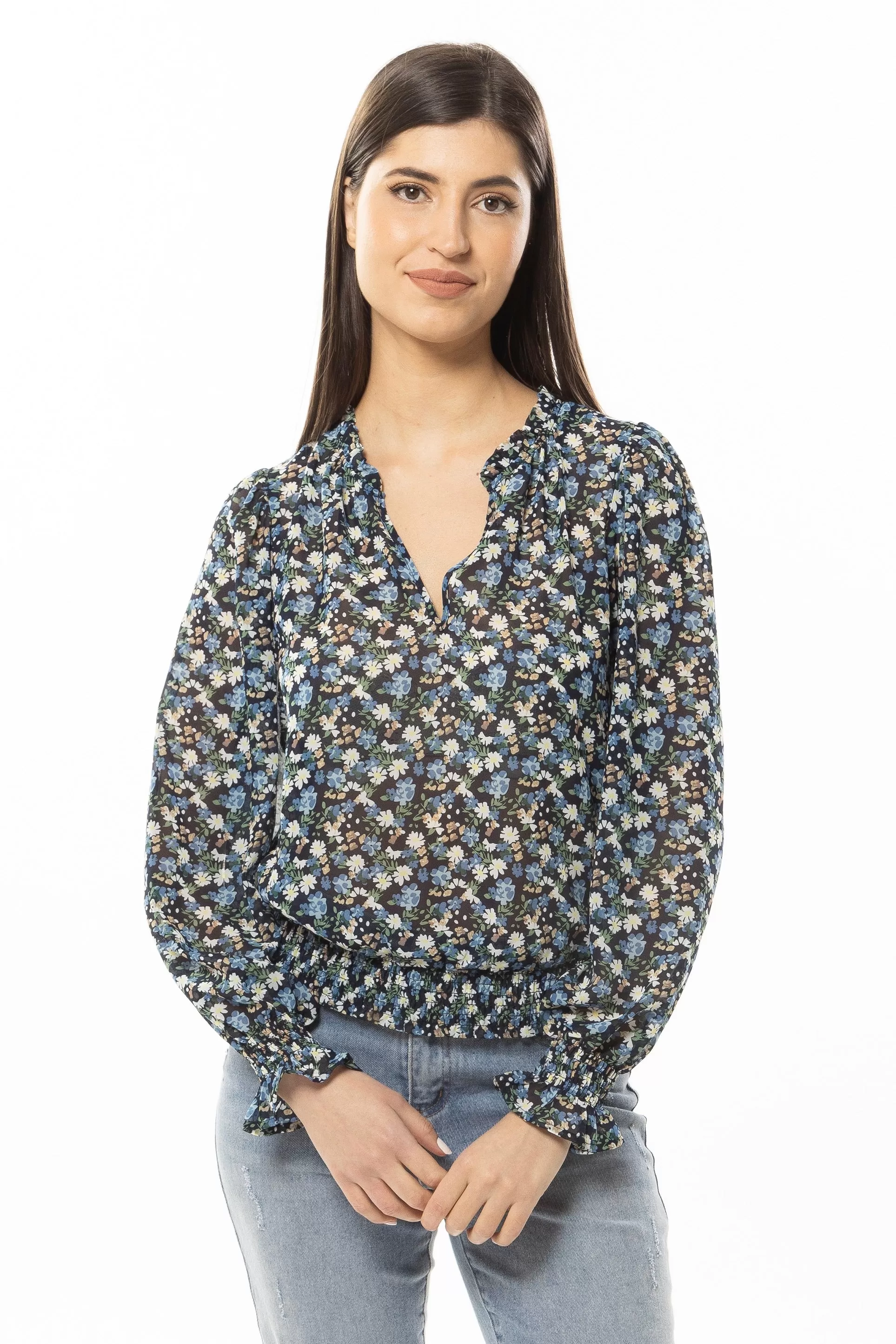 Fae Navy Multi Floral V Neck Top