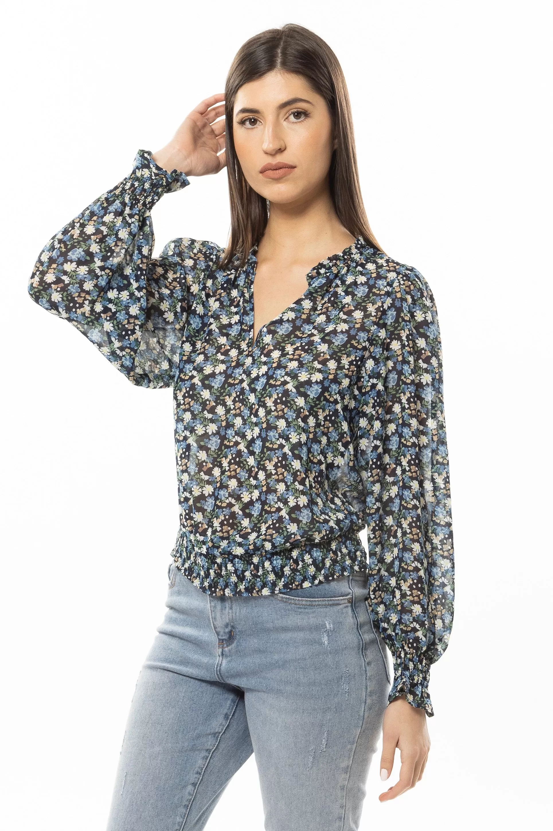 Fae Navy Multi Floral V Neck Top