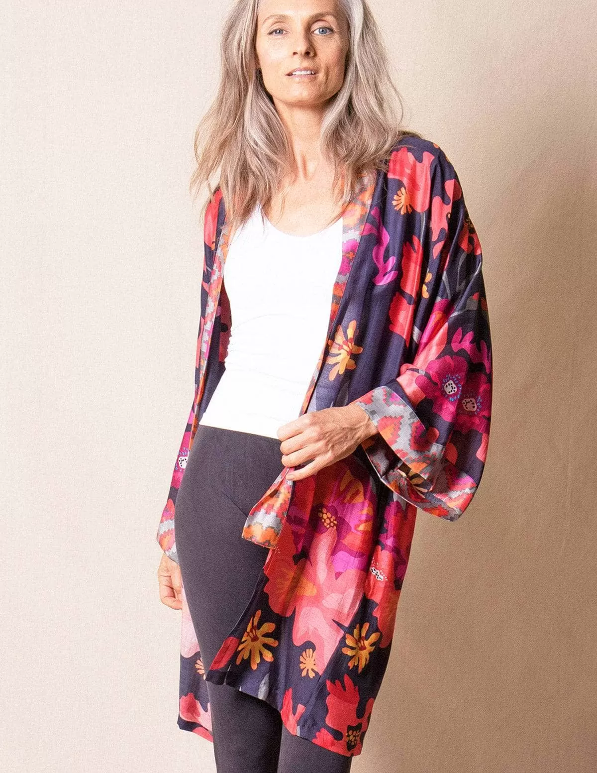 Fair Trade Open Kimono Wrap - Navy Floral