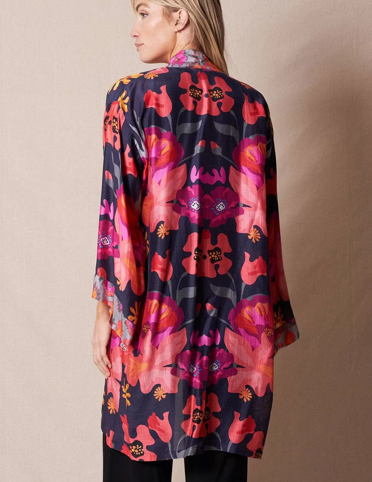 Fair Trade Open Kimono Wrap - Navy Floral