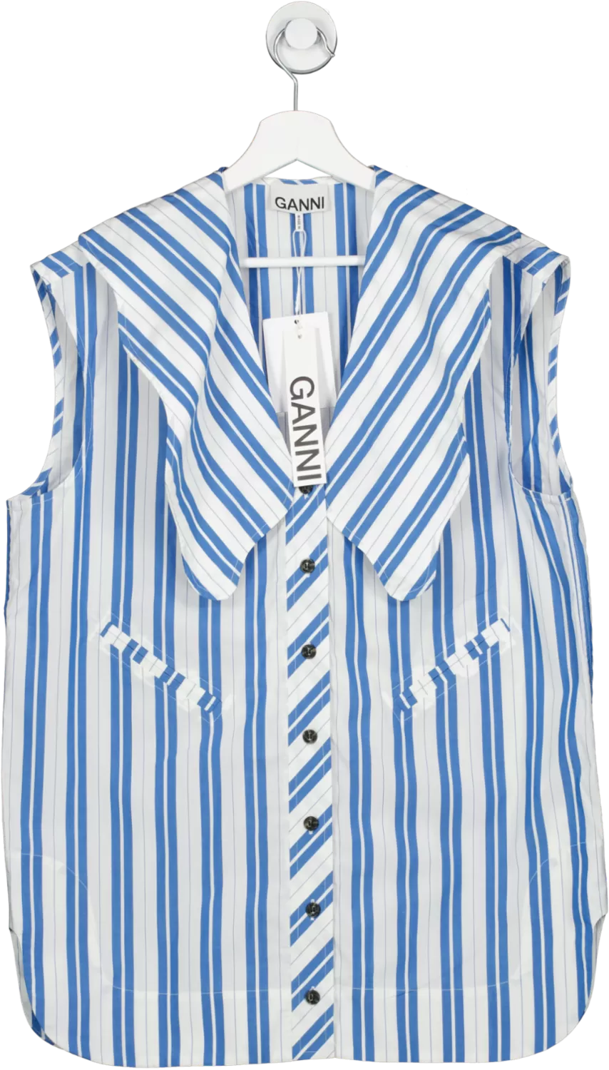 Ganni Blue /white  Striped Cotton Oversized Collar Blouse UK XXS