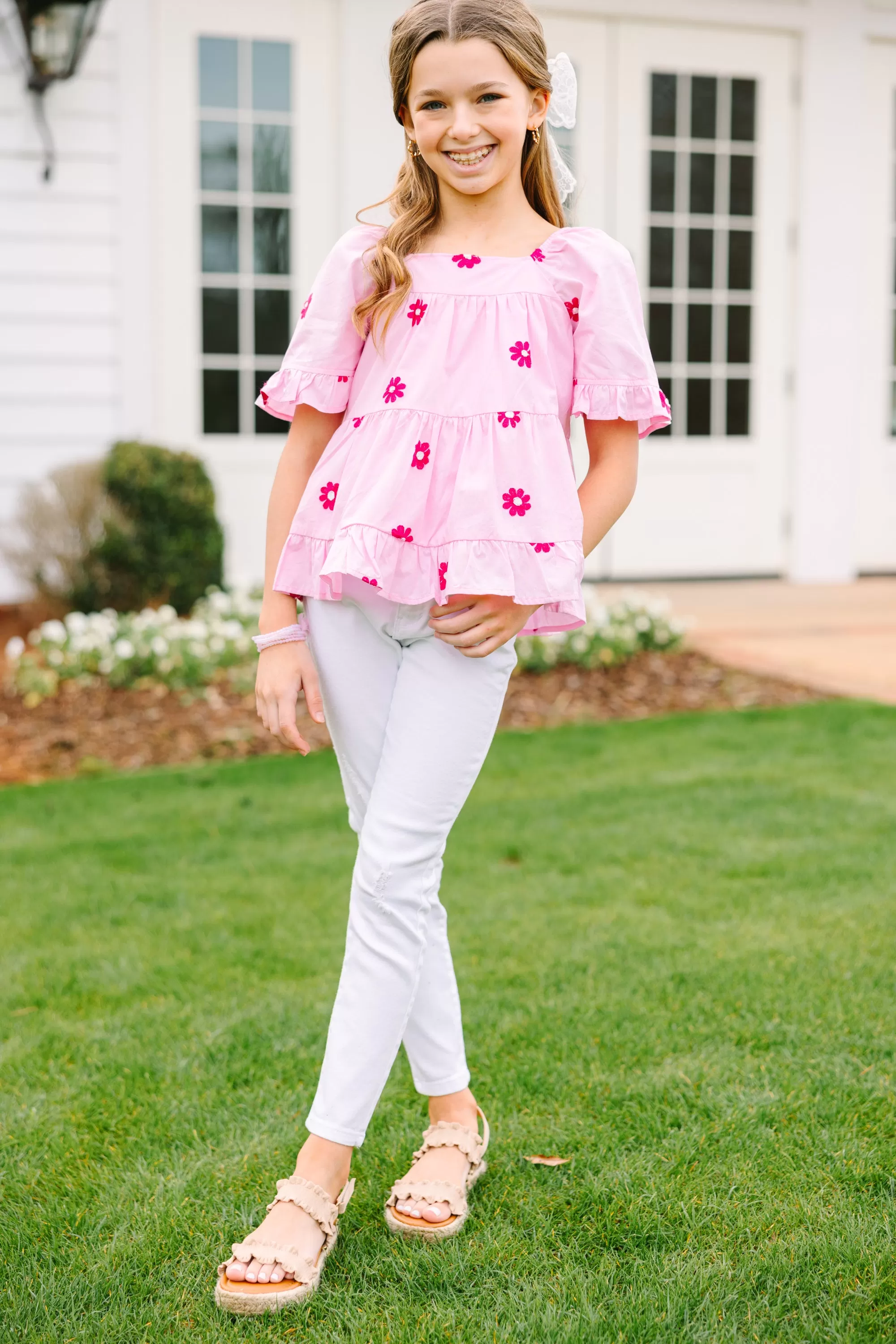 Girls: All In Time Pink Embroidered Blouse