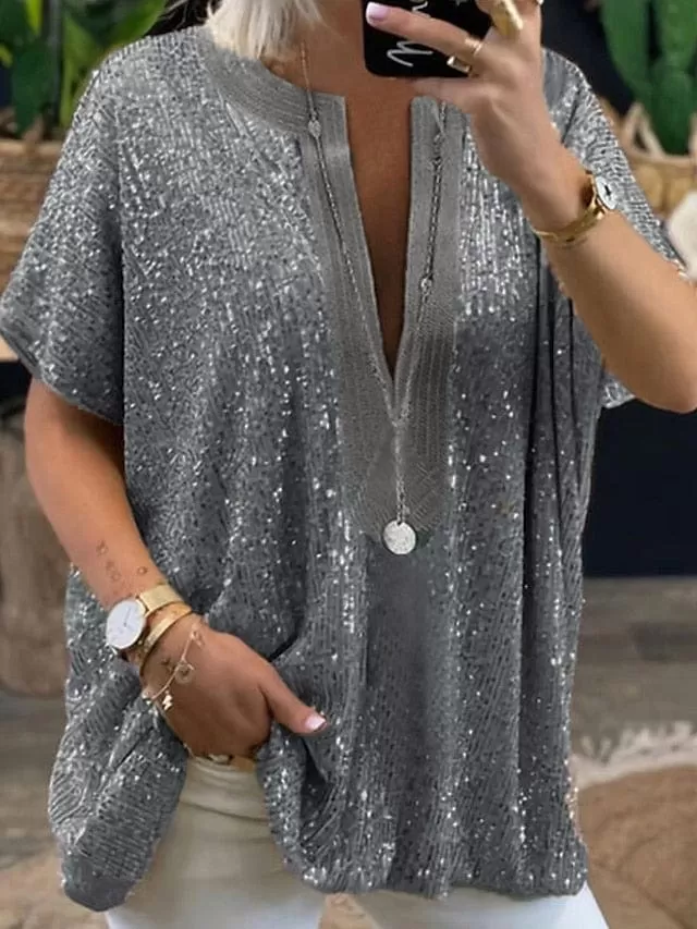 Glamorous Sequined Plus Size Shirt Blouse for Women