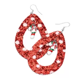 Glitter Open Teardrop Candy Cane Dangle Earrings