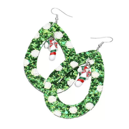 Glitter Open Teardrop Candy Cane Dangle Earrings