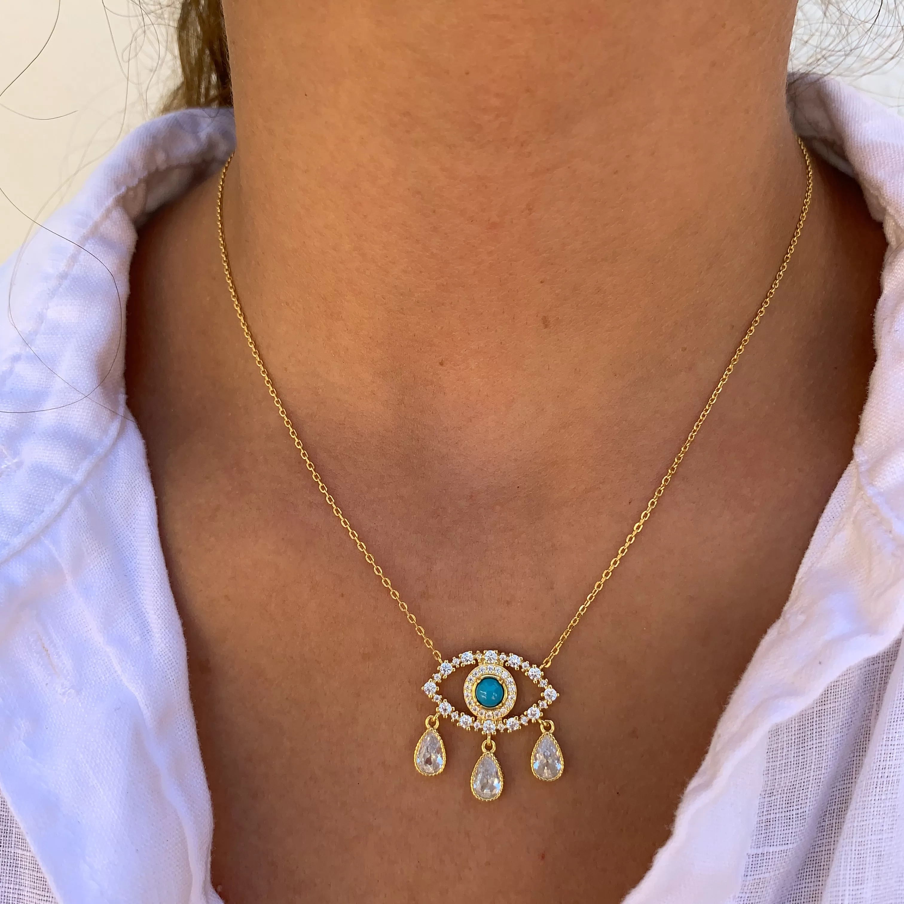 Gold plated turquoise “Diamond Tears eye necklace