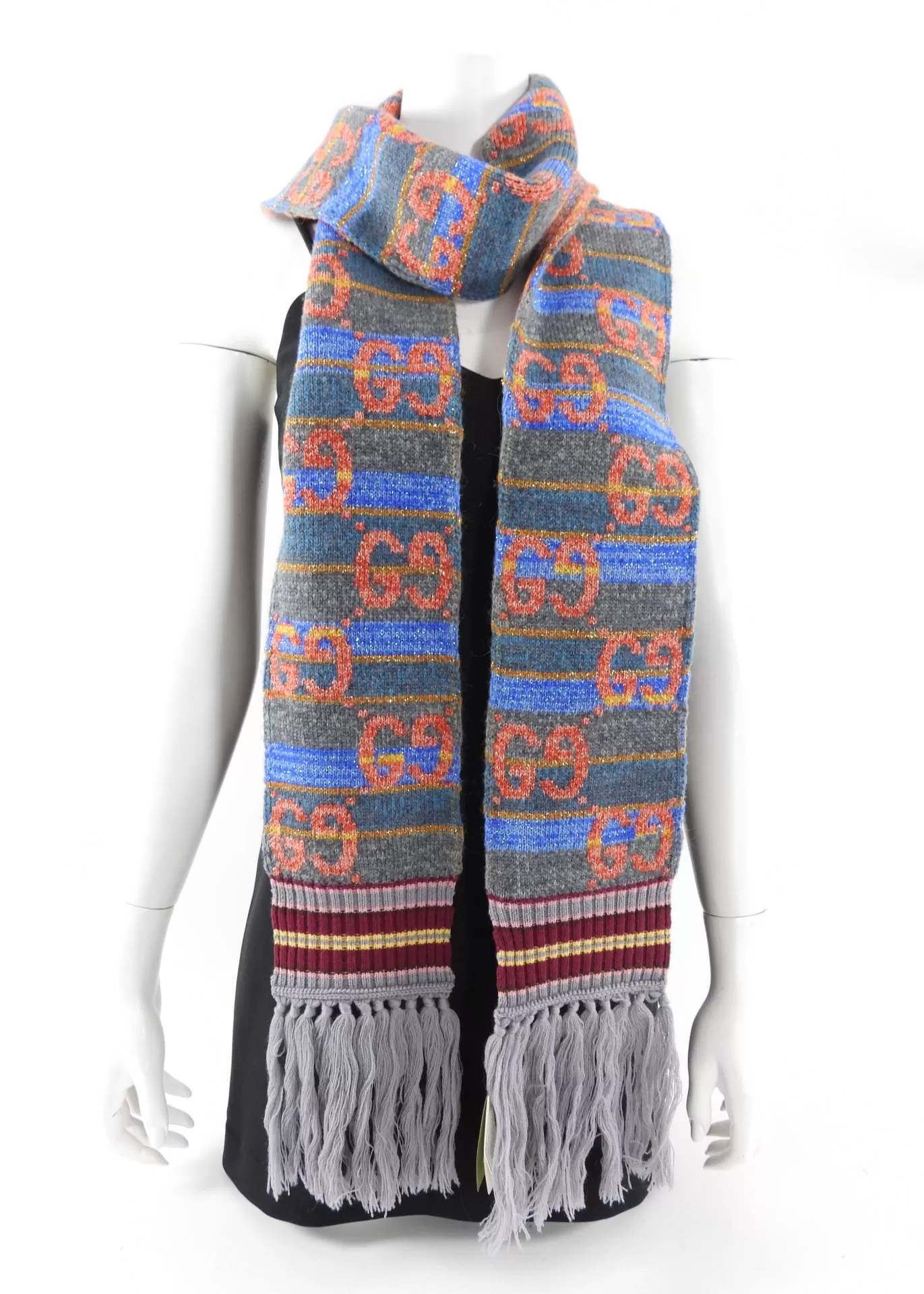 Gucci Orange and Blue Long GG Logo Knit Scarf