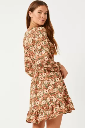 Hayden Floral Print Smocked Waist Button Detail Dress