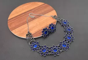 Indigo Blue  stones Premium quality  Oxidized Silver finish choker set with matching earrings-KARTI001OBL